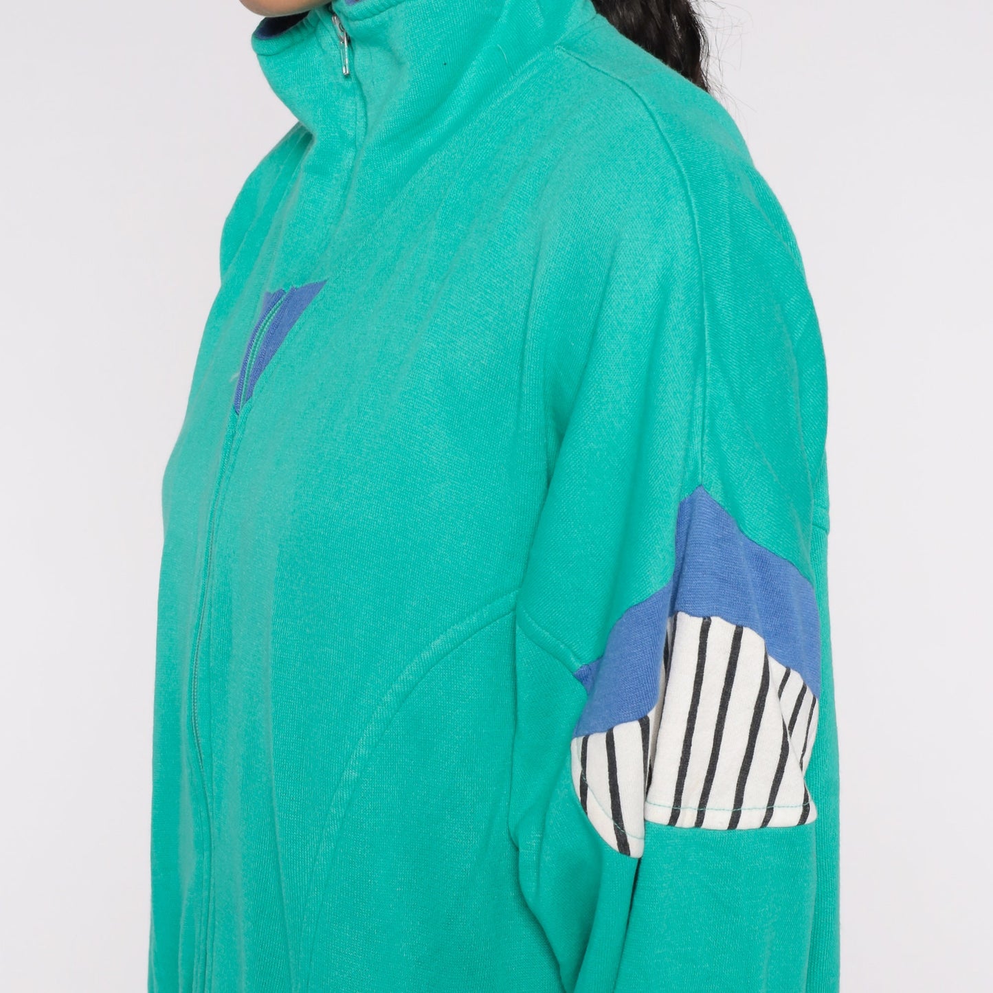 80s Green Striped Track Jacket Zip-Up Sweatshirt Large