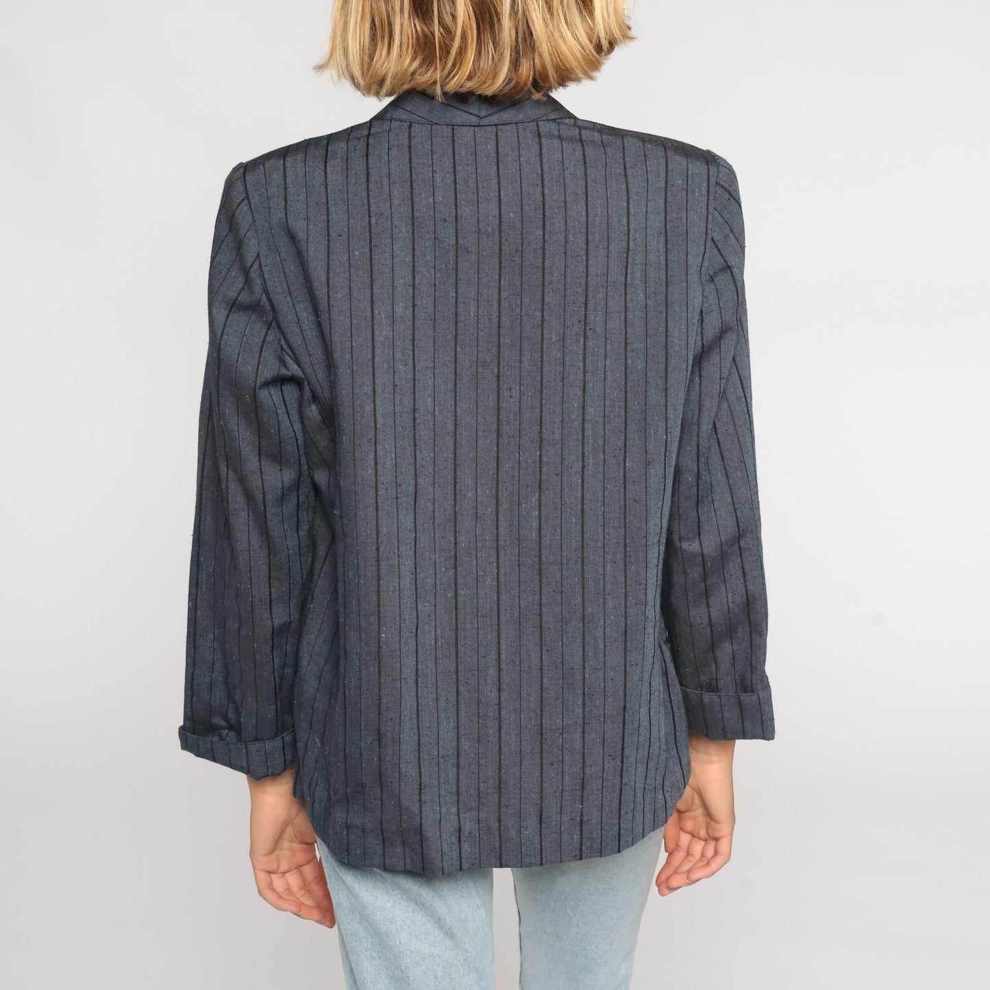 90s Grey Pinstripe Blazer Open Front Jacket Medium