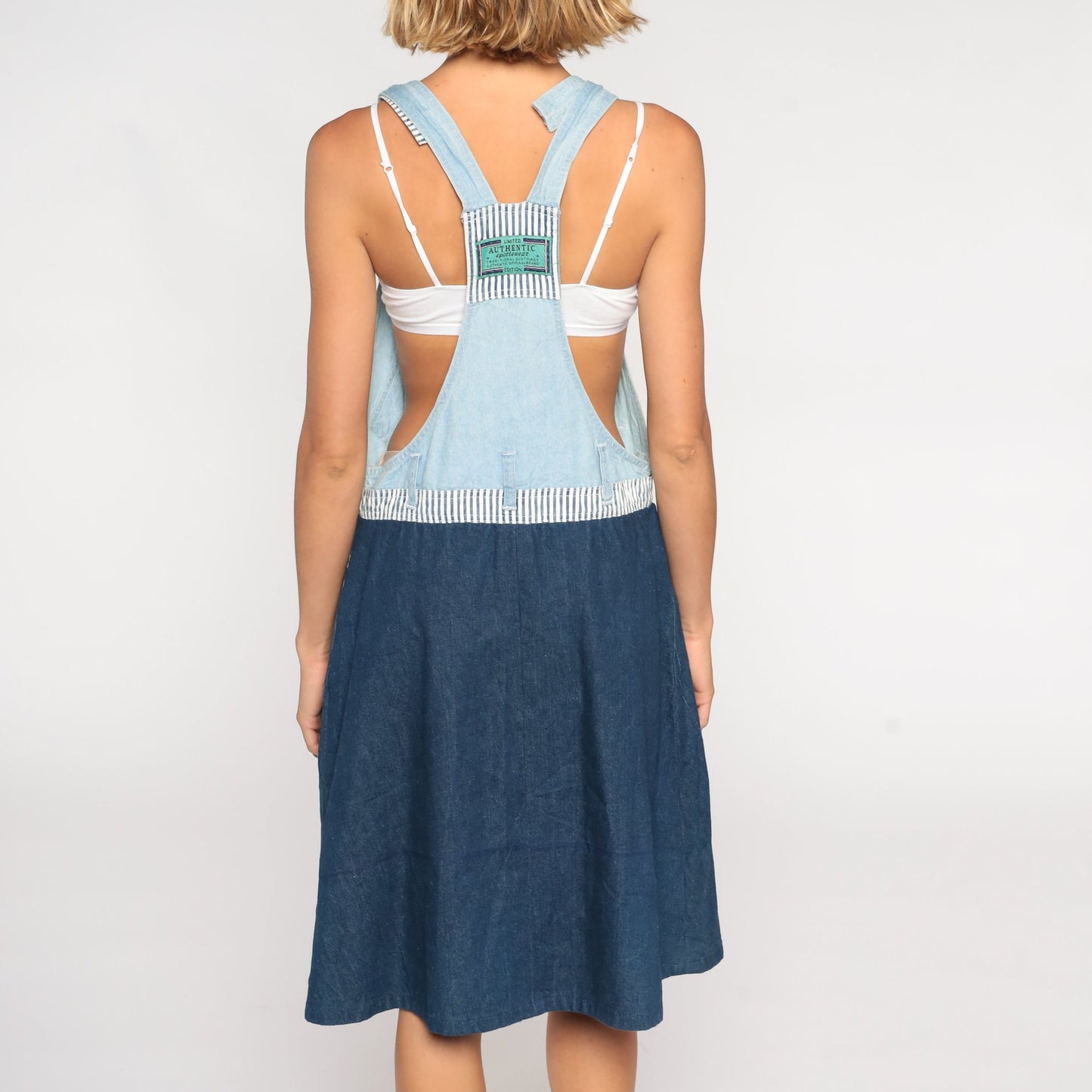 90s Gitano Two-Tone Denim Overall Dress Knee Length Striped Medium M