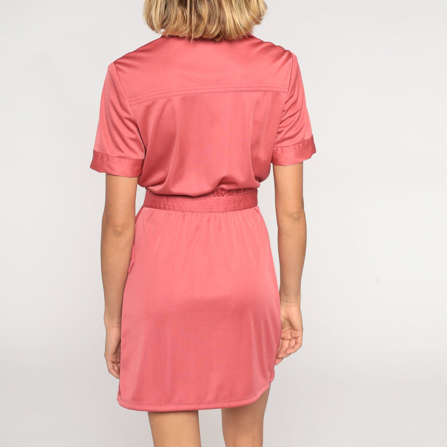 70s Pink Mini Shirtwaist Dress Button-Up Shift Collar Tie Belt Medium