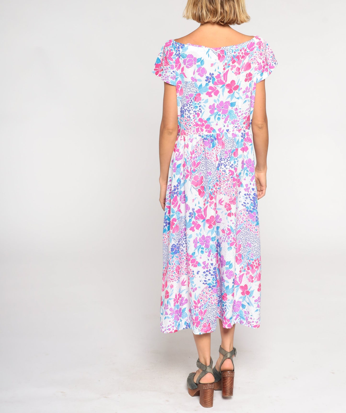80s Floral Midi Dress Pink Blue Purple Button-Up V-Neck Medium