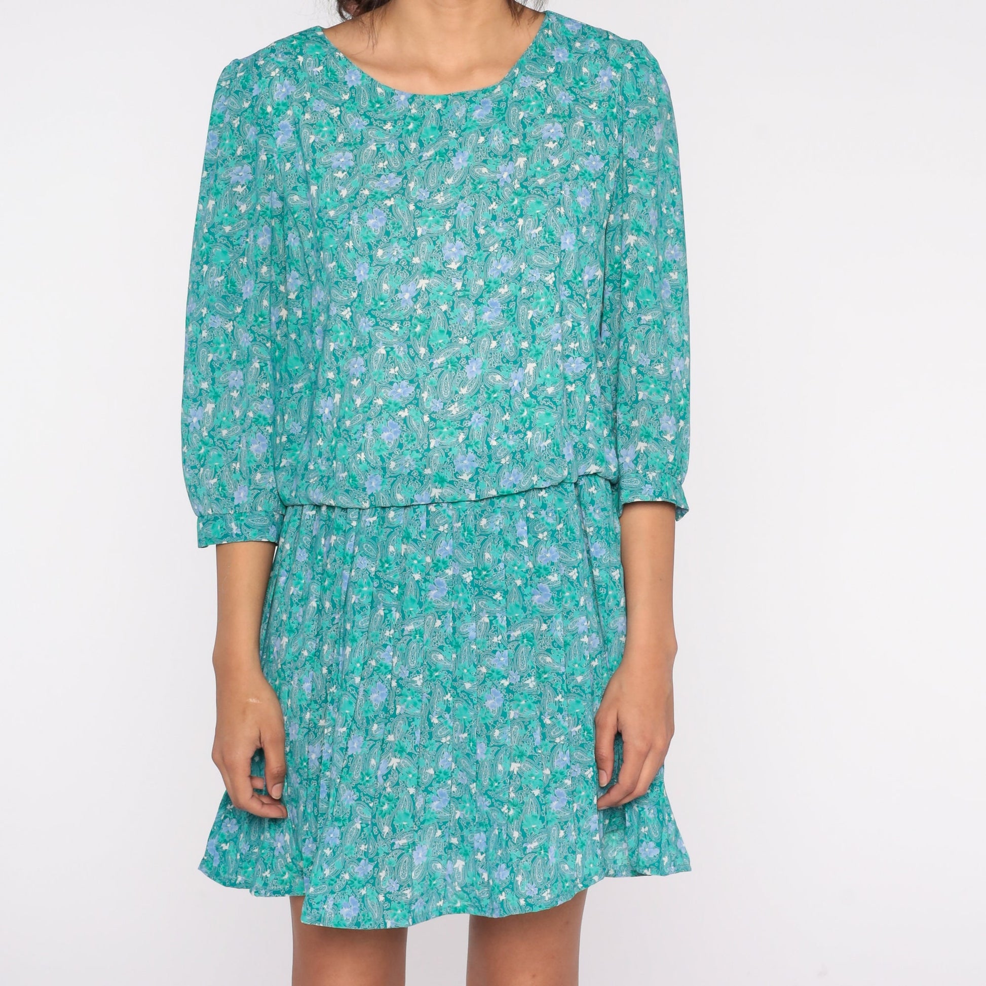 80s Green Paisley Floral Mini Dress High Waist Pleated 3/4 Puff Sleeve Medium