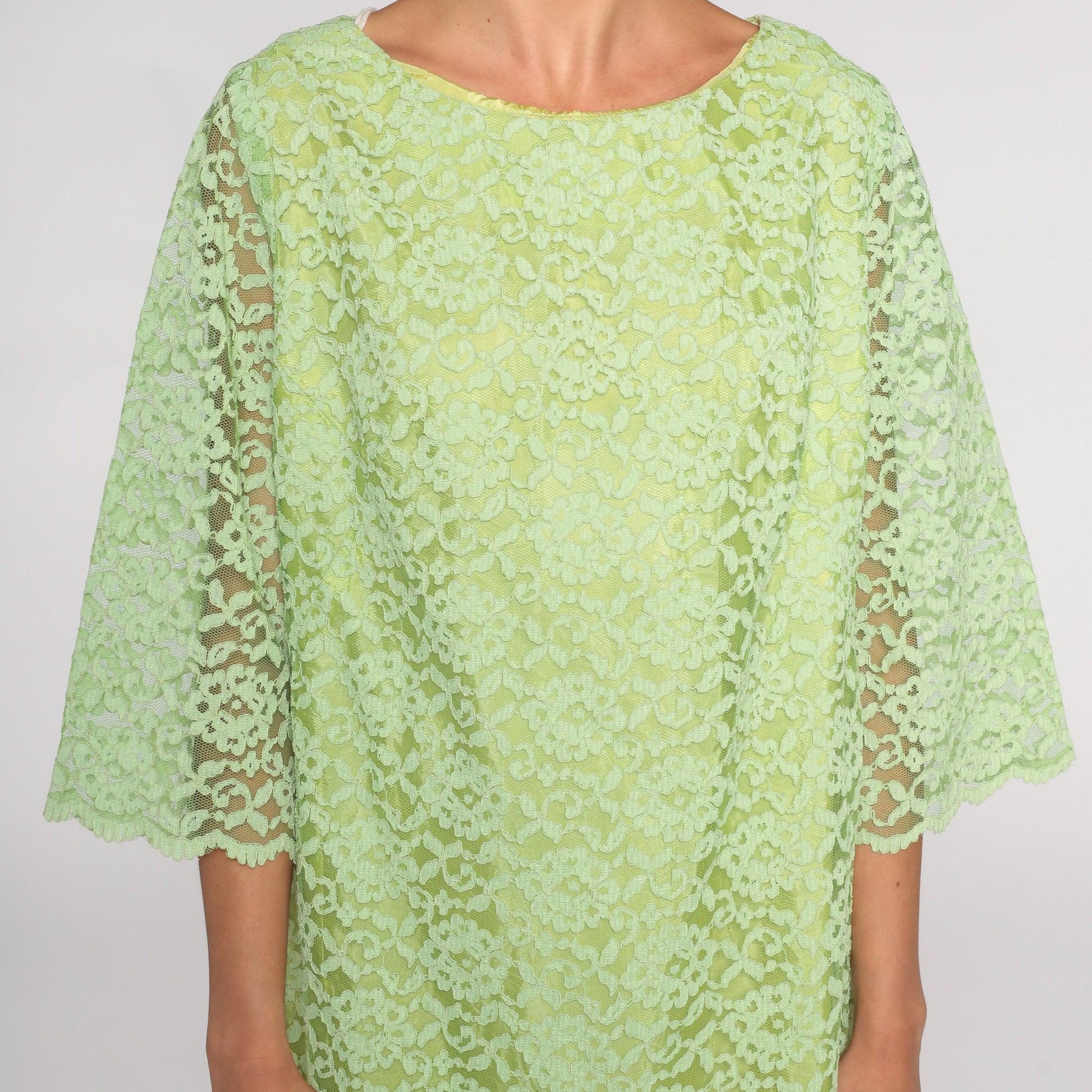 60s M'Lady Couture Lime Green Lace Mini Dress Shift Sheer Sleeve Large