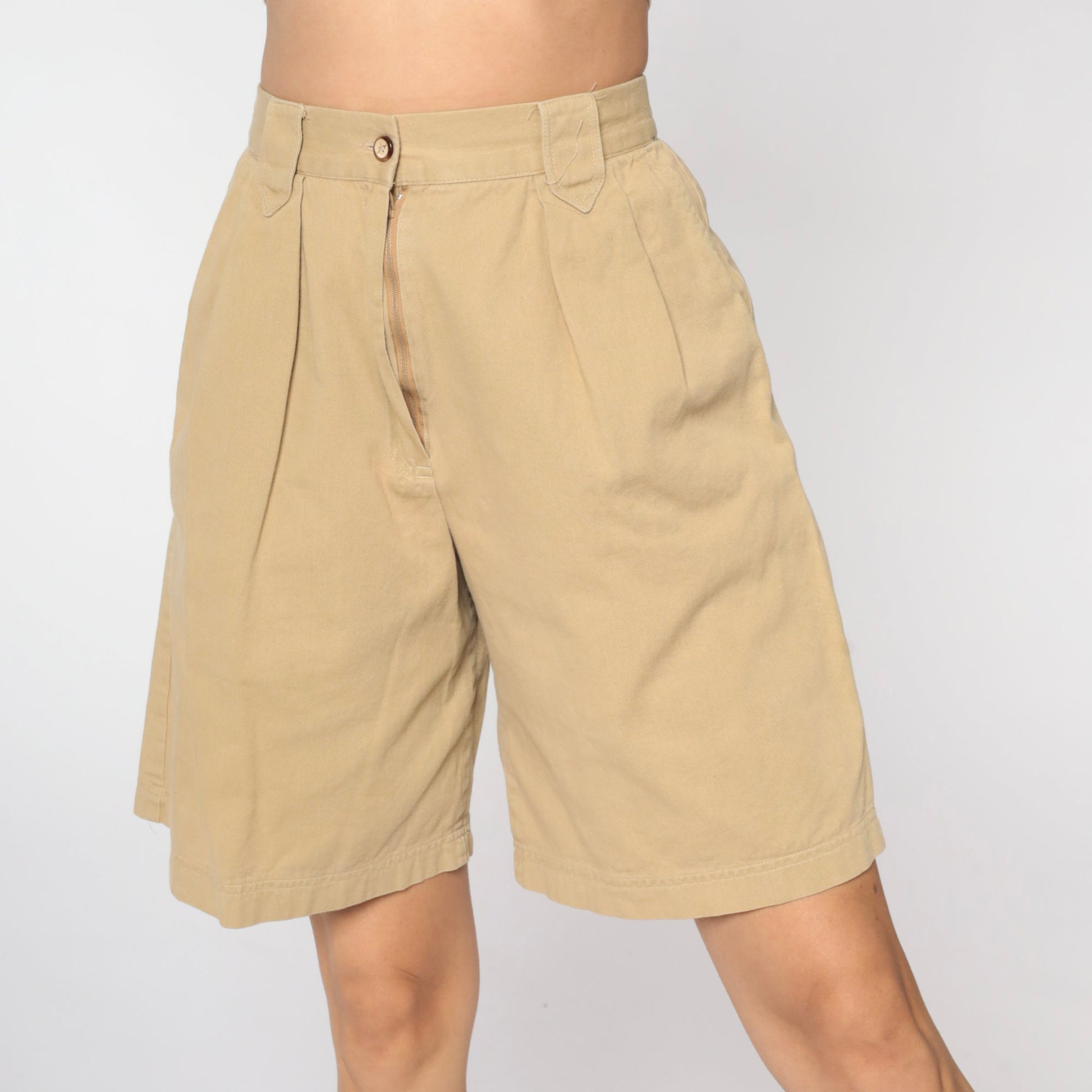 90s Khaki Pleated Bermuda Shorts High Waisted Wide Leg Cotton Small