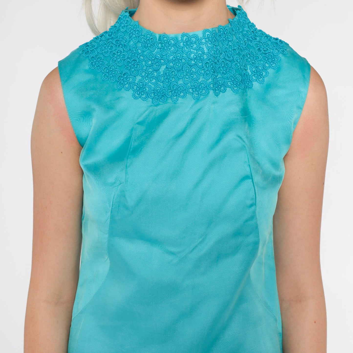 60s Mod Mini Dress Blue Floral Lace Sleeveless Sheath Extra Small XS