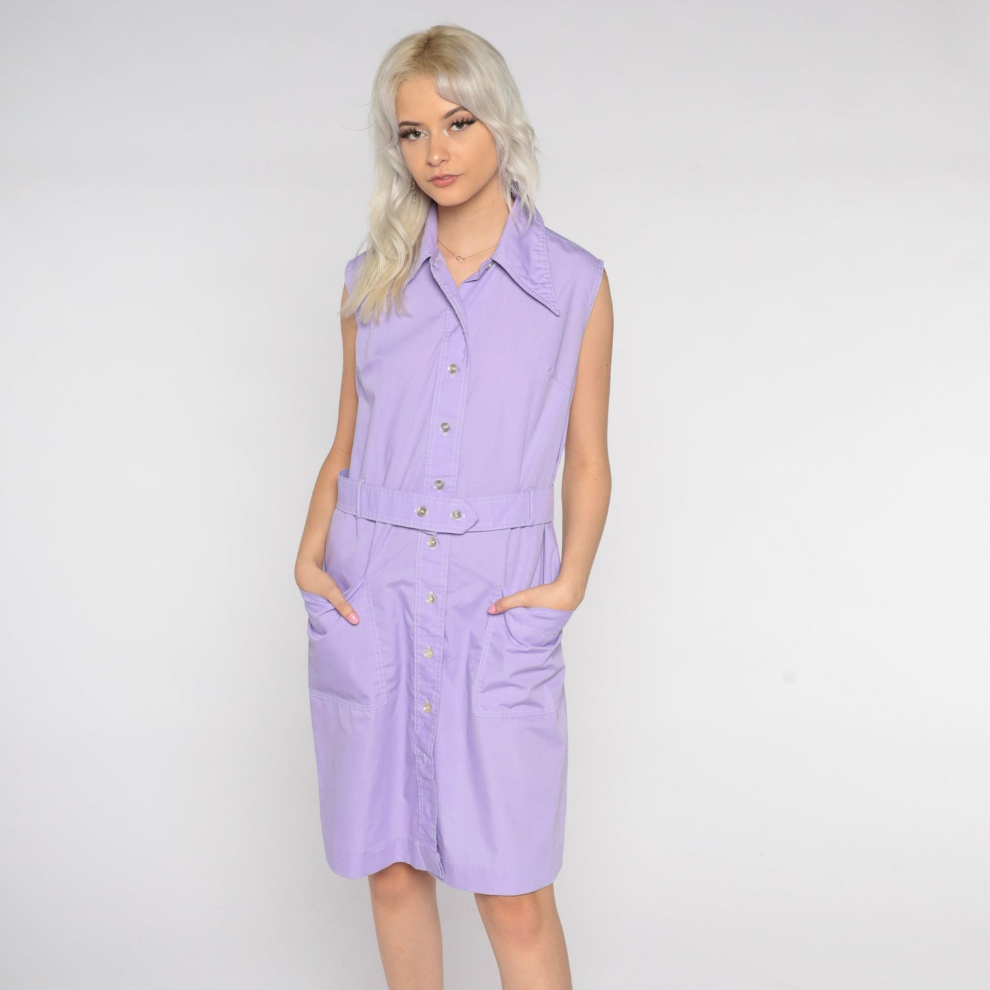 70s Lavender Button-Up Shirtdress Dagger Collar Sleeveless Mini Shift Medium