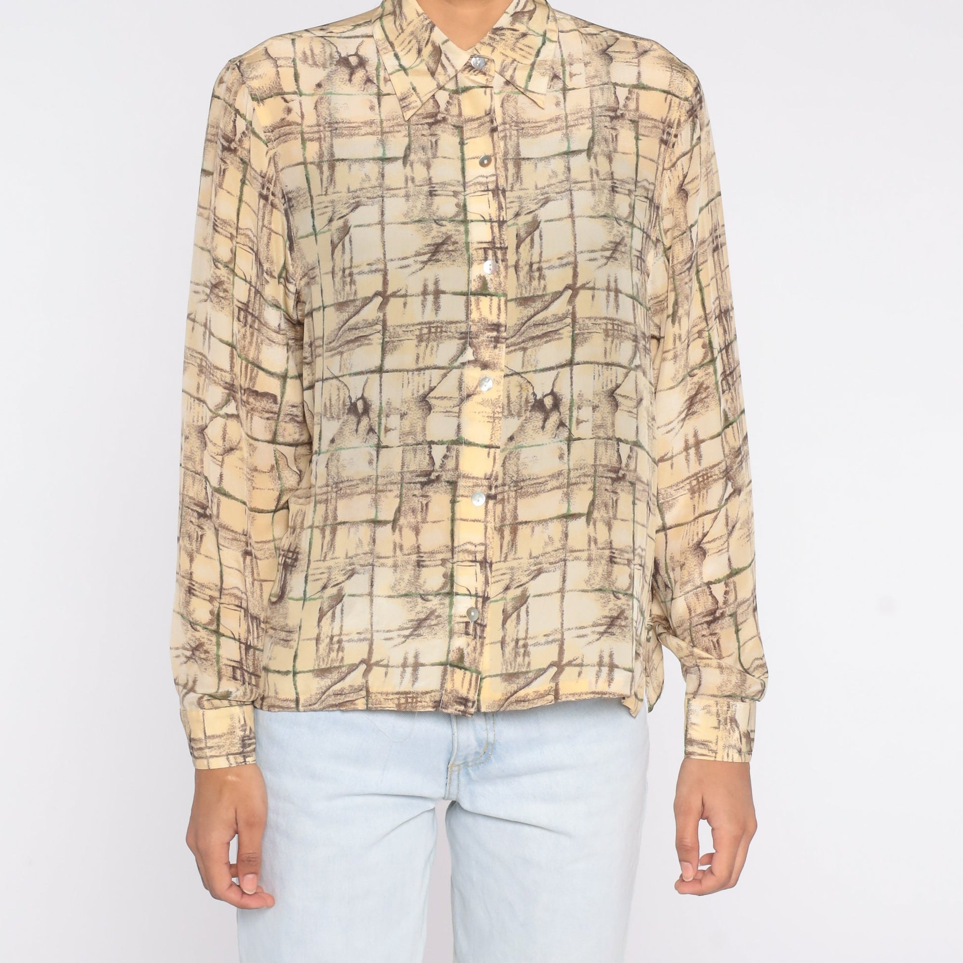 90s Silk Button Up Blouse Abstract Tile Print Cream Yellow Long Sleeve Small S