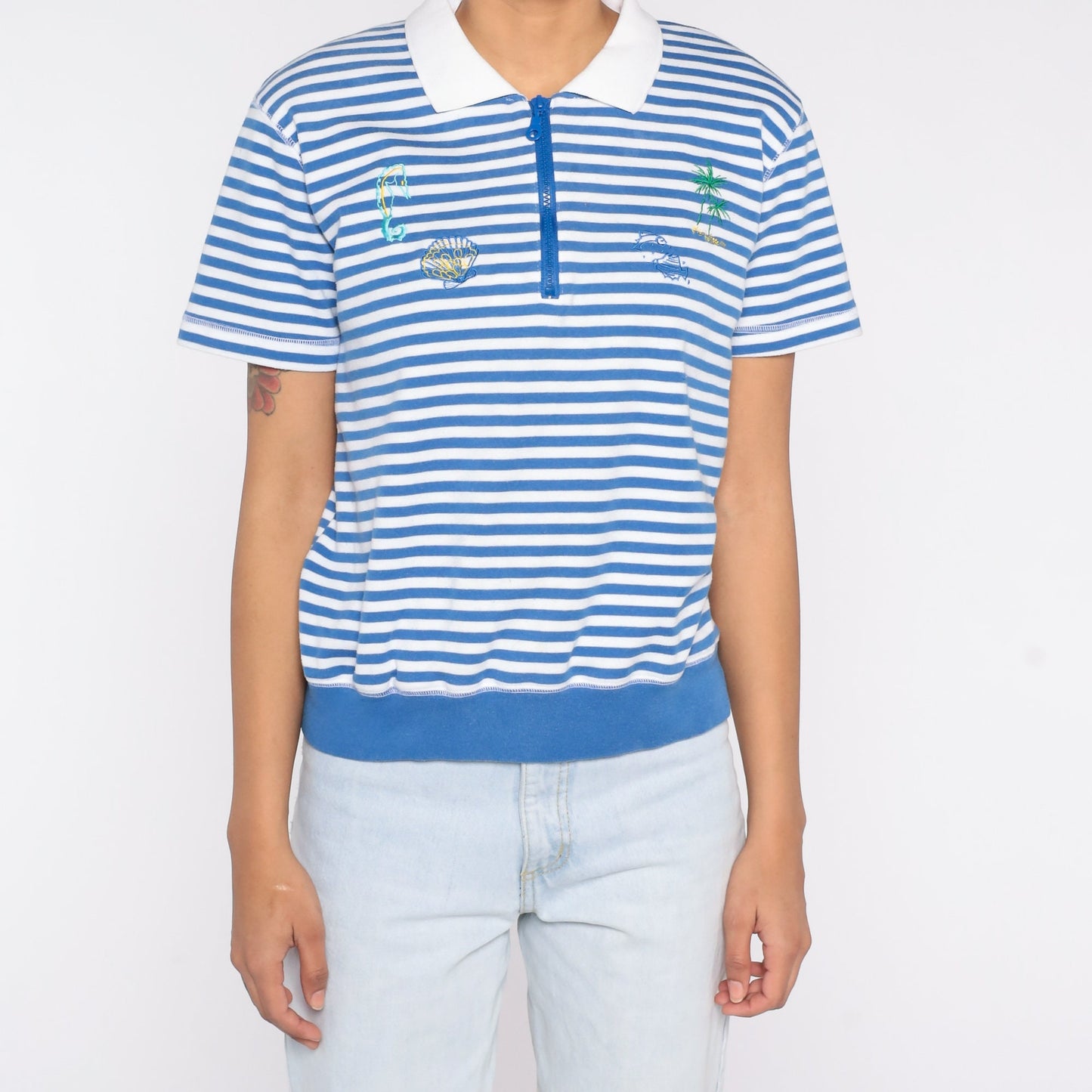 90s Blue White Striped Polo Shirt Embroidered Sea Creatures Palm Tree Small