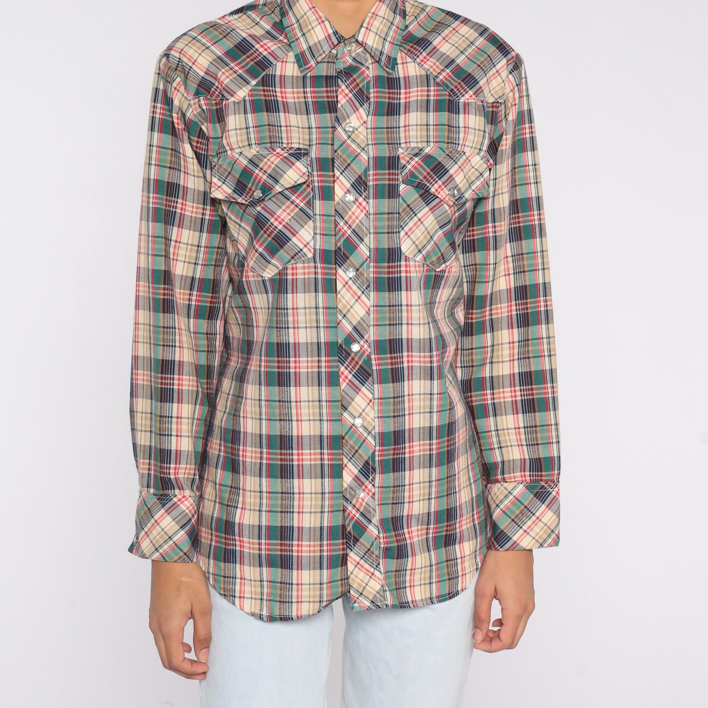 80s Mad Man Plaid Pearl Snap Western Shirt Long Sleeve Medium