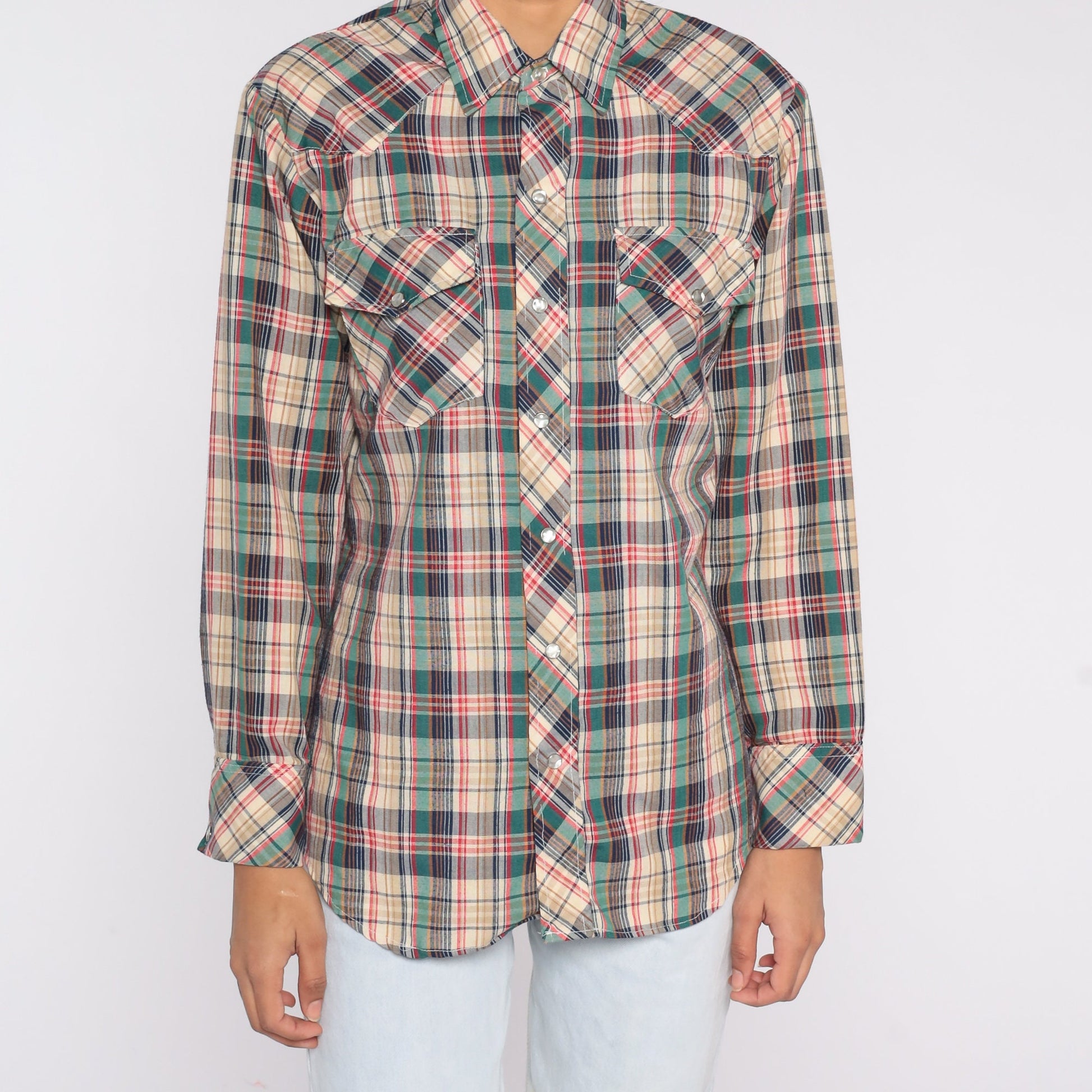 80s Mad Man Plaid Pearl Snap Western Shirt Long Sleeve Medium