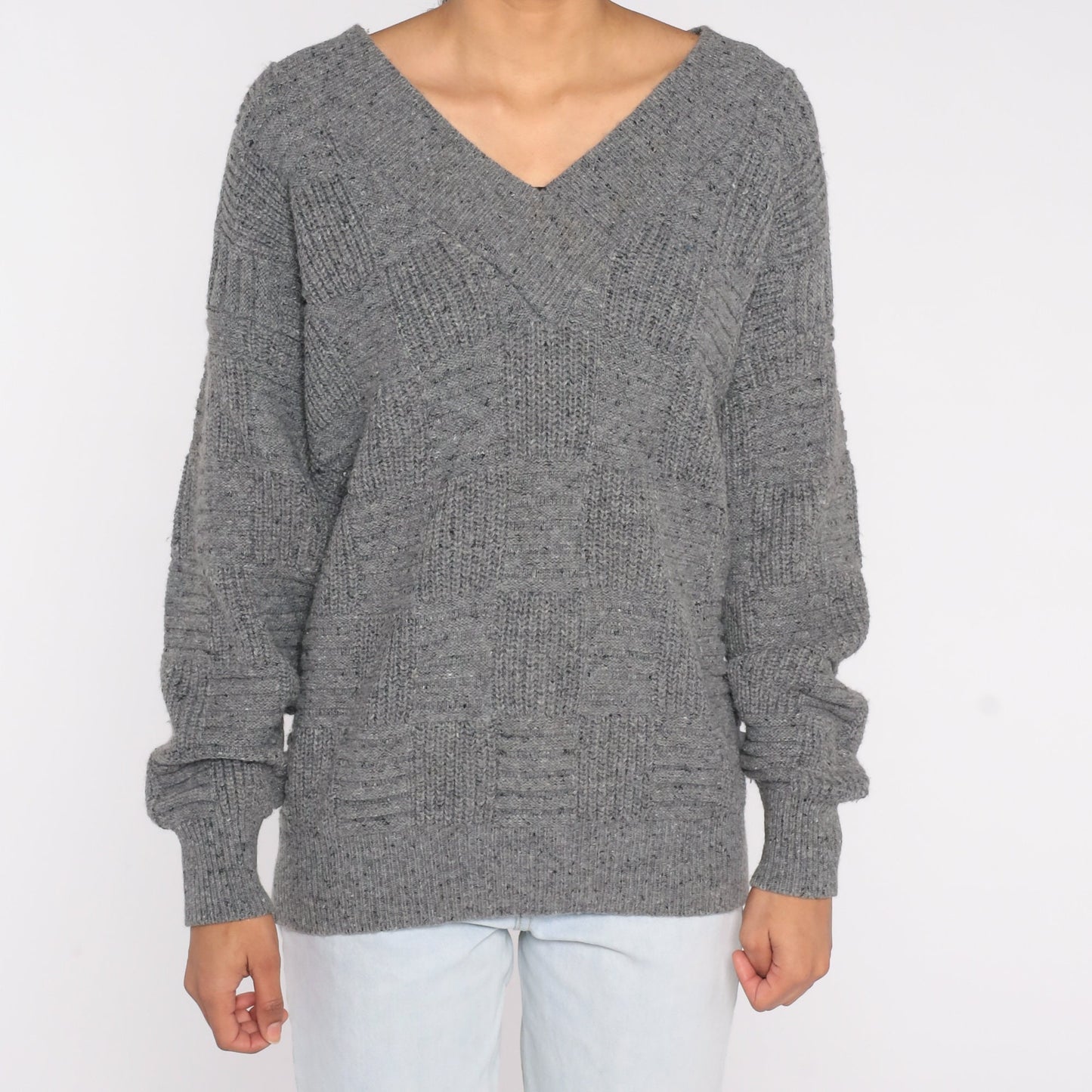 Pierre Cardin 90s Grey Textured Knit V-Neck Sweater Pullover Small