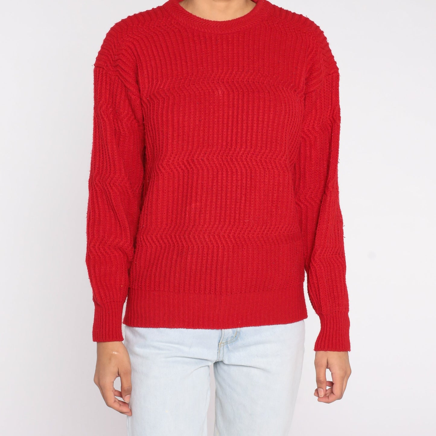 80s Saugatuck Red Knit Sweater Wavy Textured Crewneck Medium M
