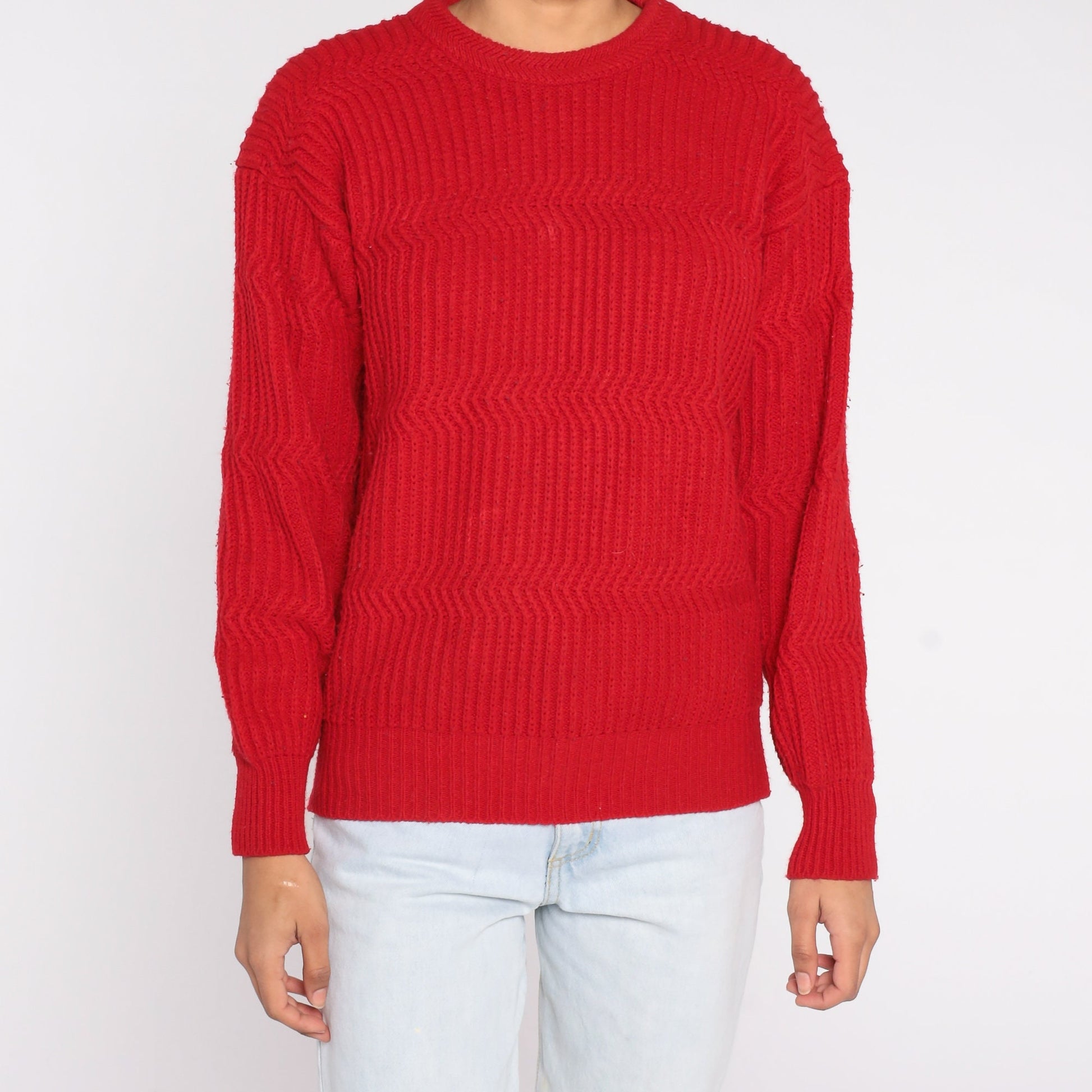 80s Saugatuck Red Knit Sweater Wavy Textured Crewneck Medium M