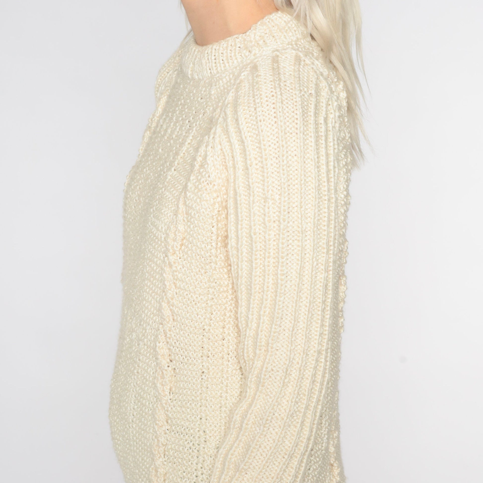 90s Cream Cable Knit Crewneck Pullover Sweater Small S