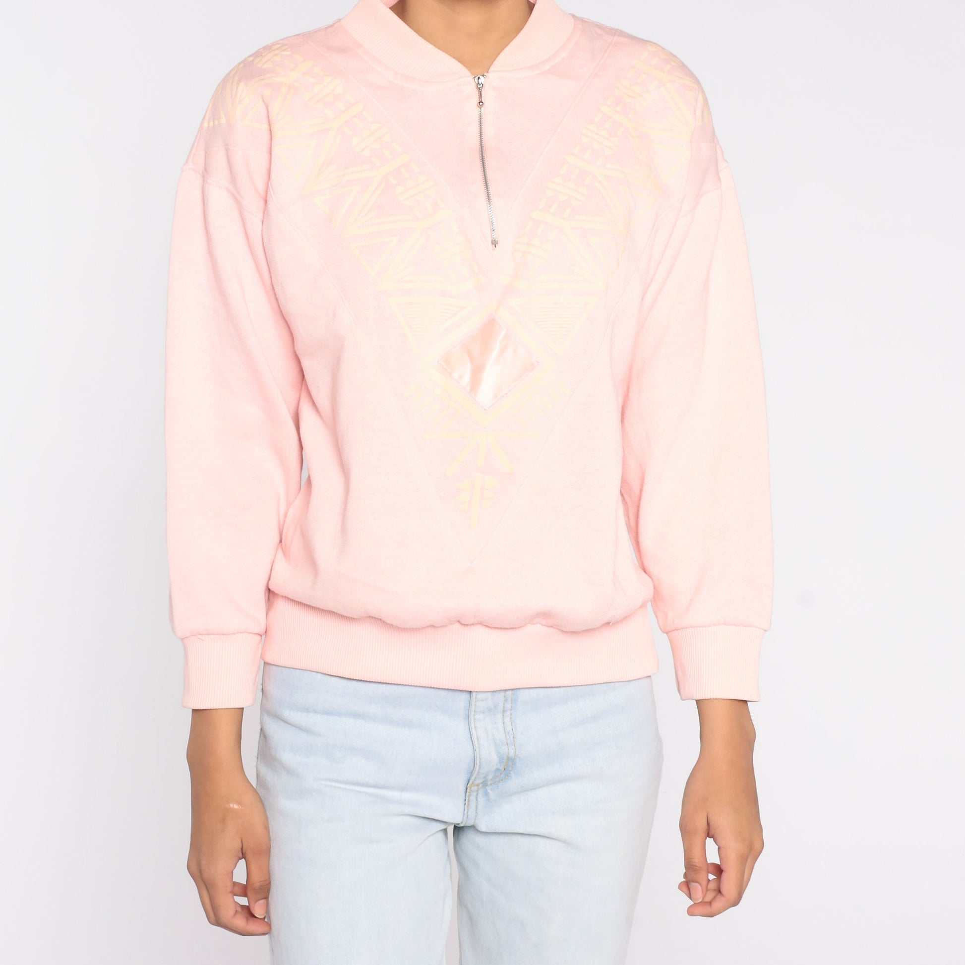 80s Geometric Quarter Zip Sweatshirt Baby Pink Southwestern Small
