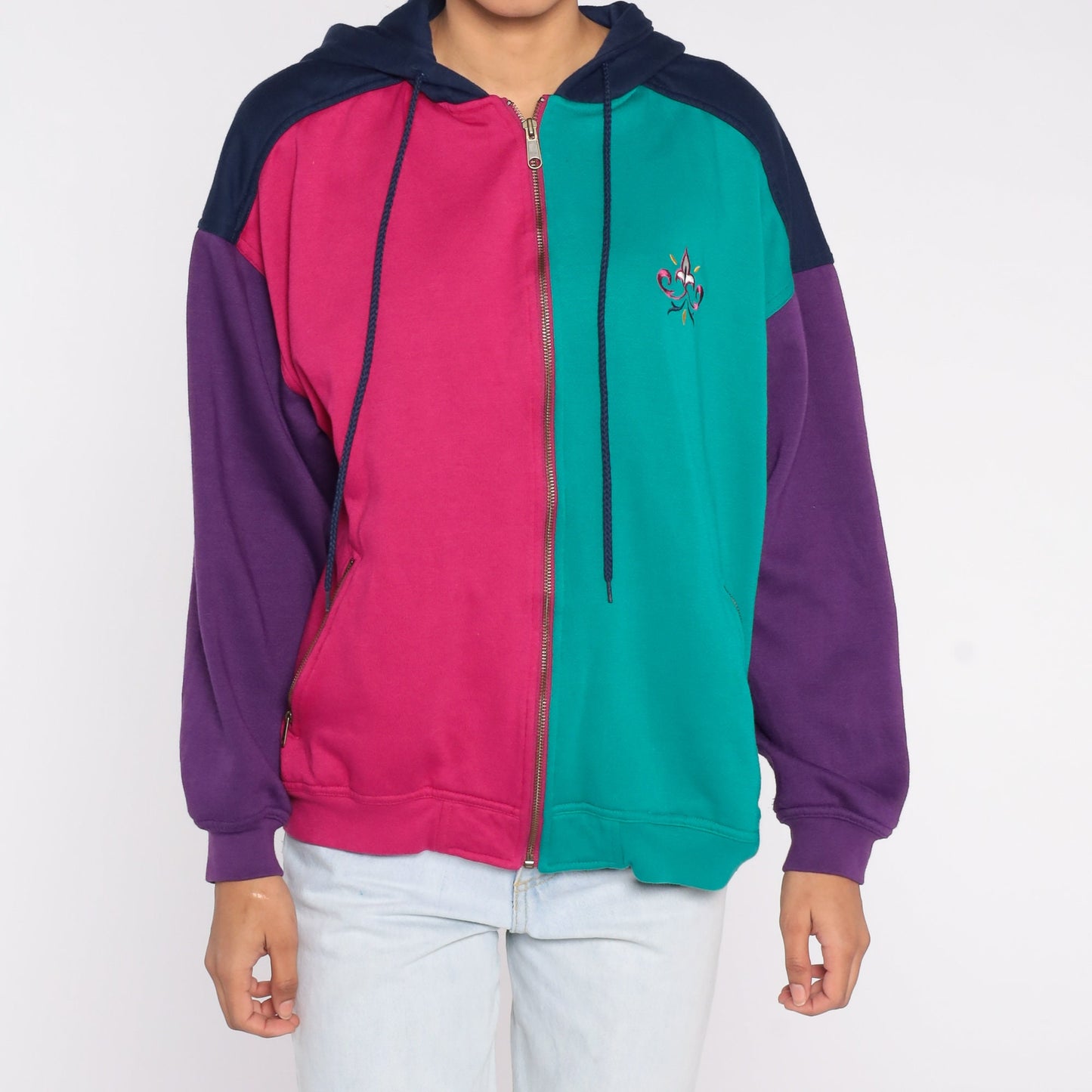 90s Color Block Zip Hoodie Sweatshirt Fleur de Lis Pink Green Purple Blue Large L
