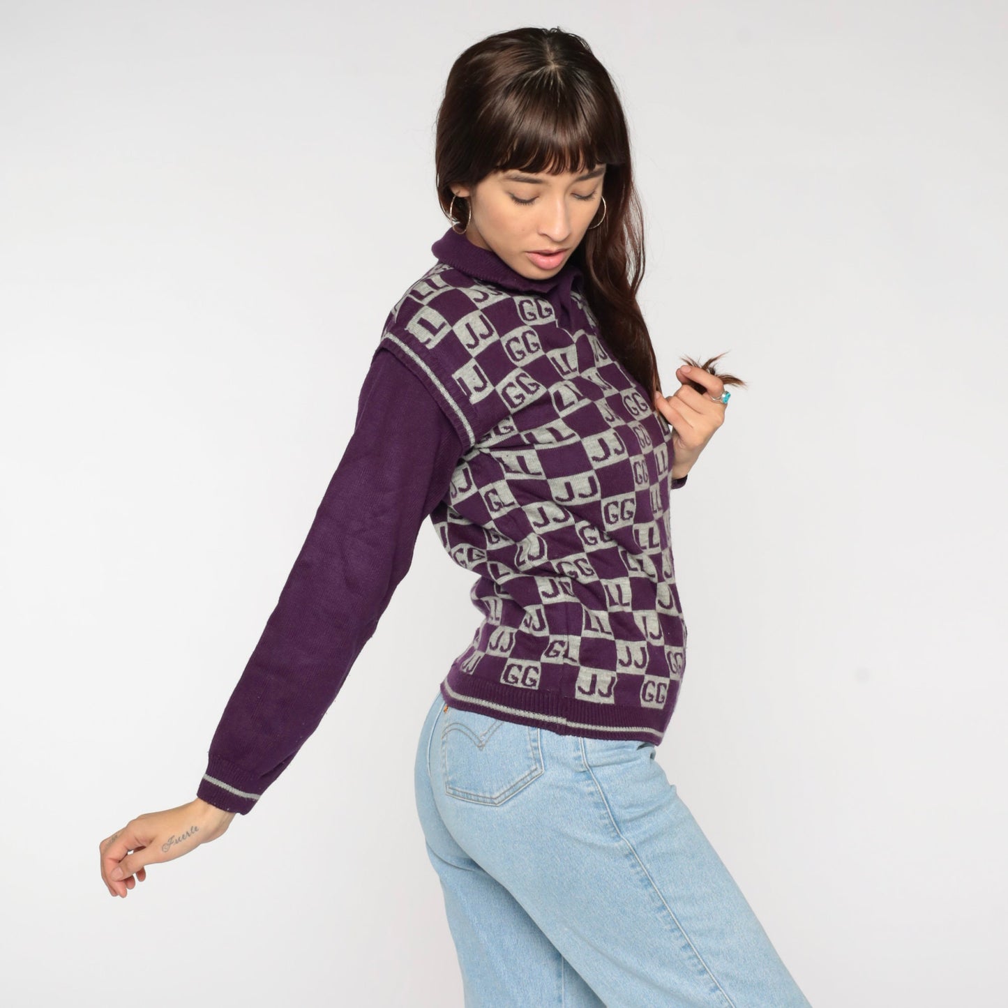 90s Purple Polo Sweater Initials GG JJ LL Novelty Knit Small