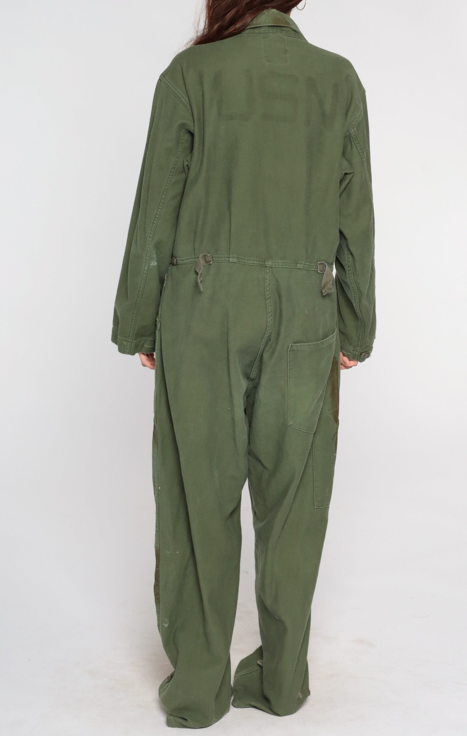 80s Army Coveralls Flight Suit Button Up Jumpsuit Olive Green Mens Large