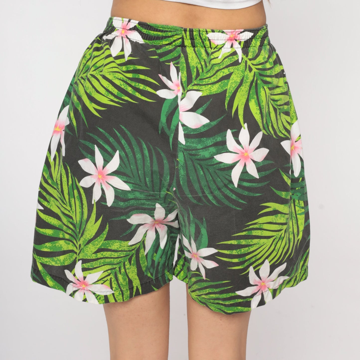 90s Tropical Leaf Floral Print Shorts High Waist Elastic Black Medium Large
