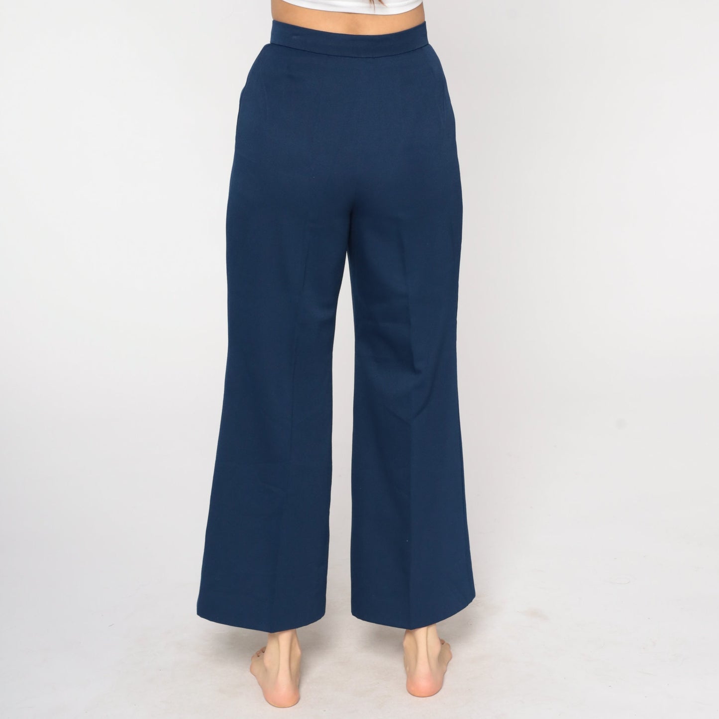 70s Navy Bell Bottom Trousers High Waist Flared Leg Small S