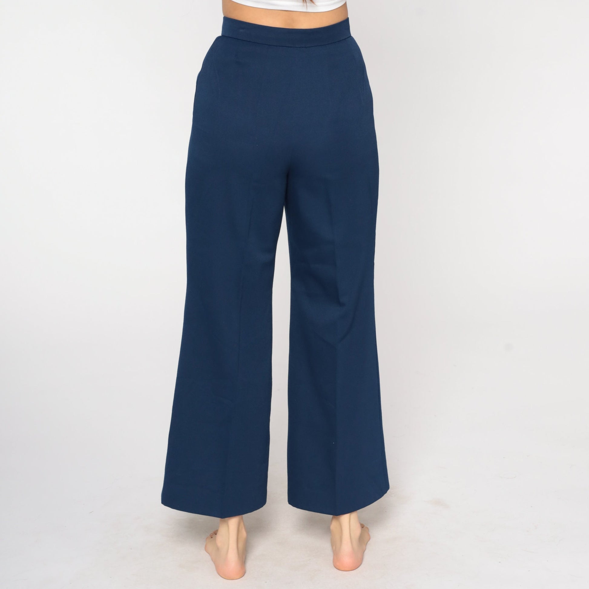 70s Navy Bell Bottom Trousers High Waist Flared Leg Small S