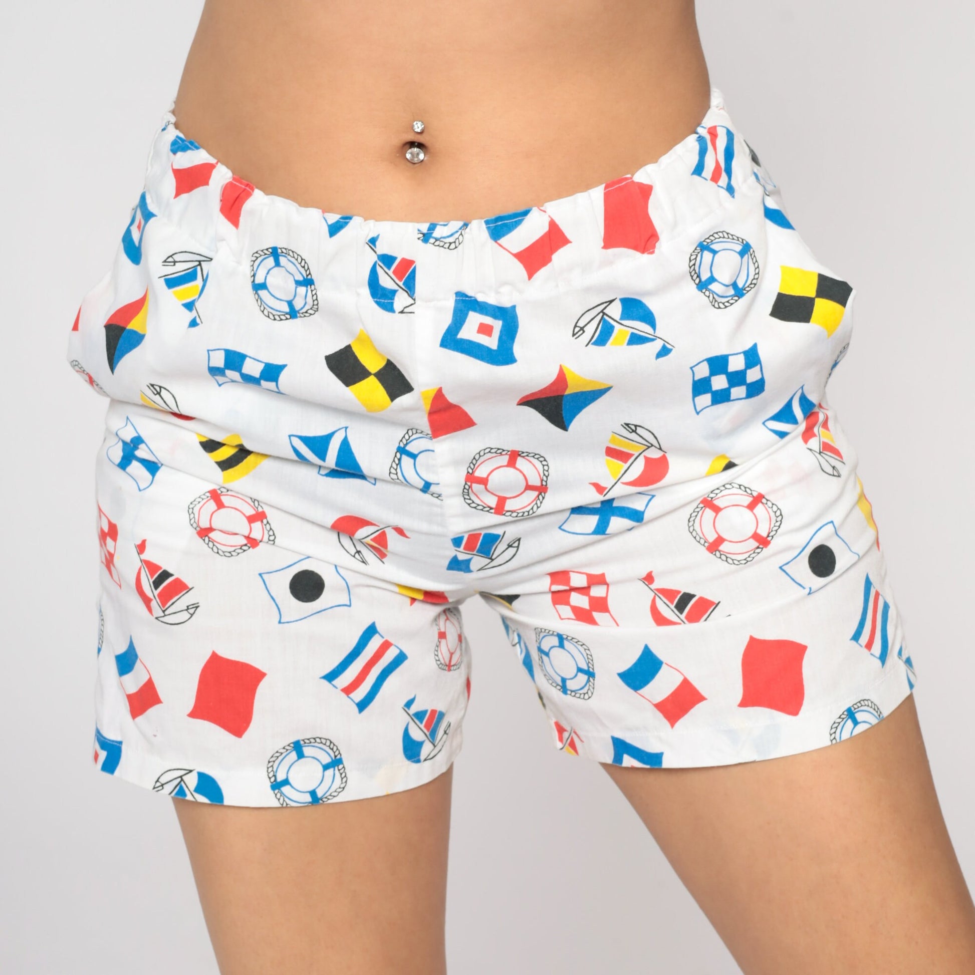 80s Nautical Print White Shorts Elastic Waist High Rise Small