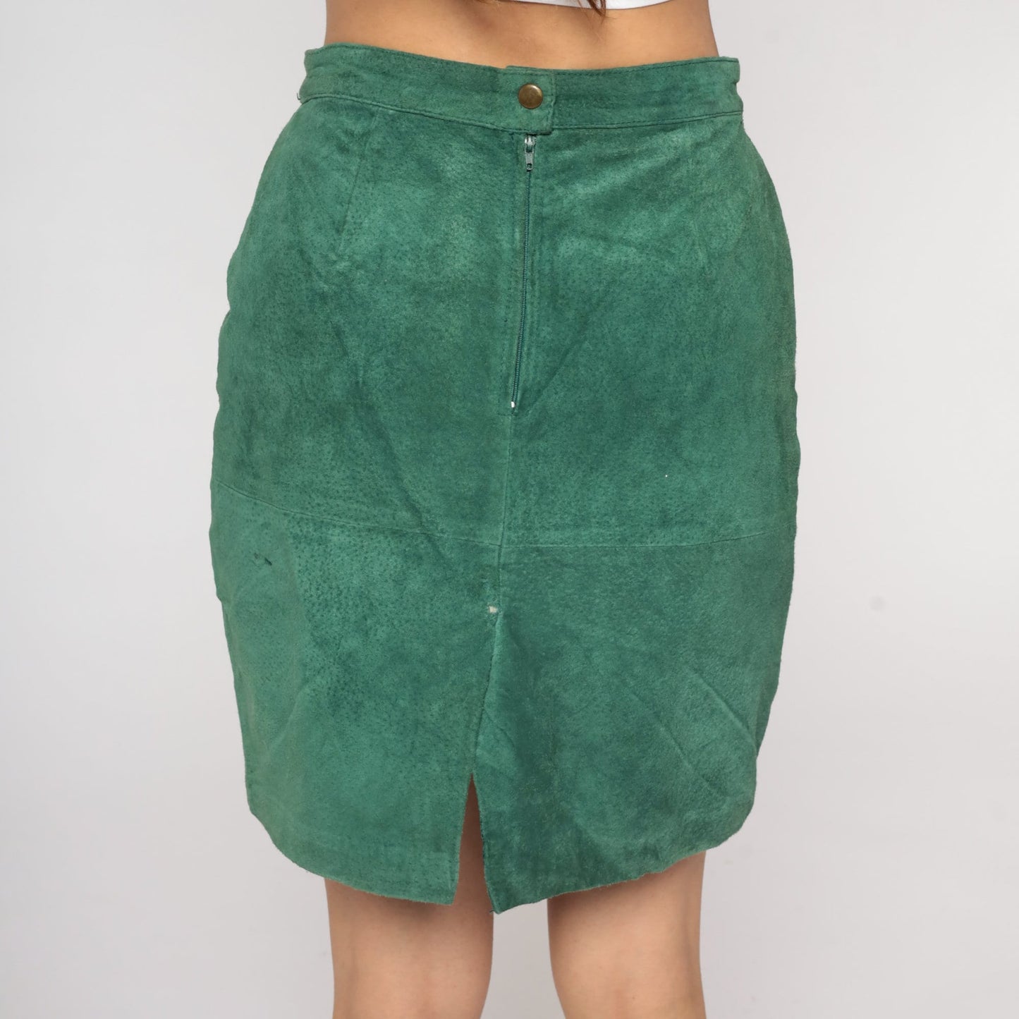 90s Green Suede Mini Skirt High Waist Pencil Wiggle Small S