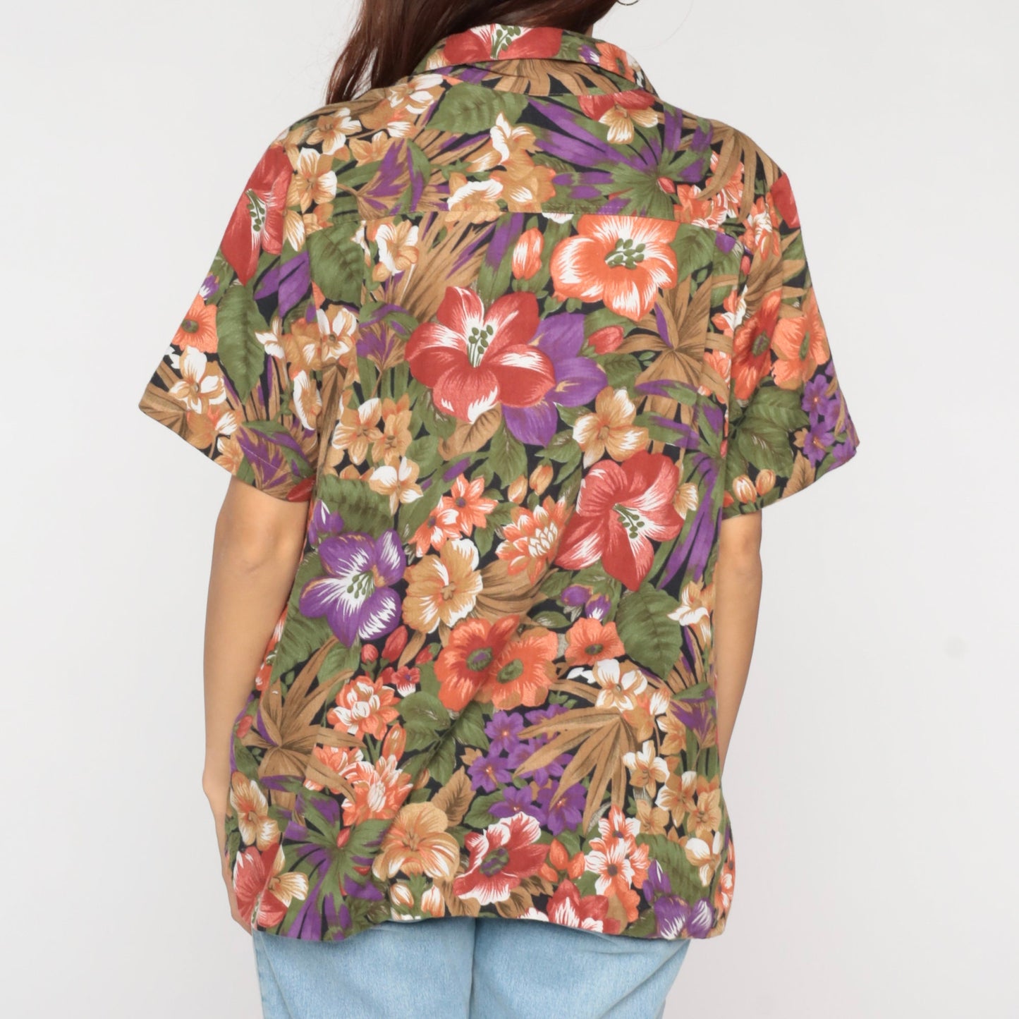 90s Tropical Floral Button-Up Blouse Multicolor Leaf Print Short Sleeve Extra Large