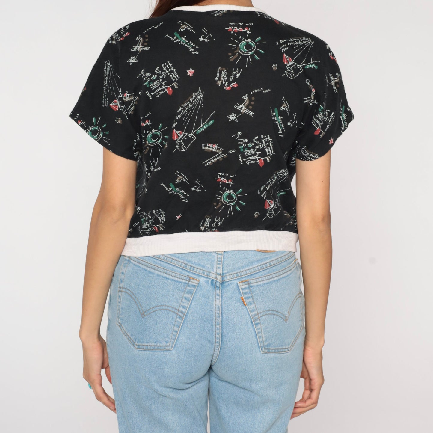 90s Sailboat Nautical Crop Top Black Graphic T-Shirt Small S