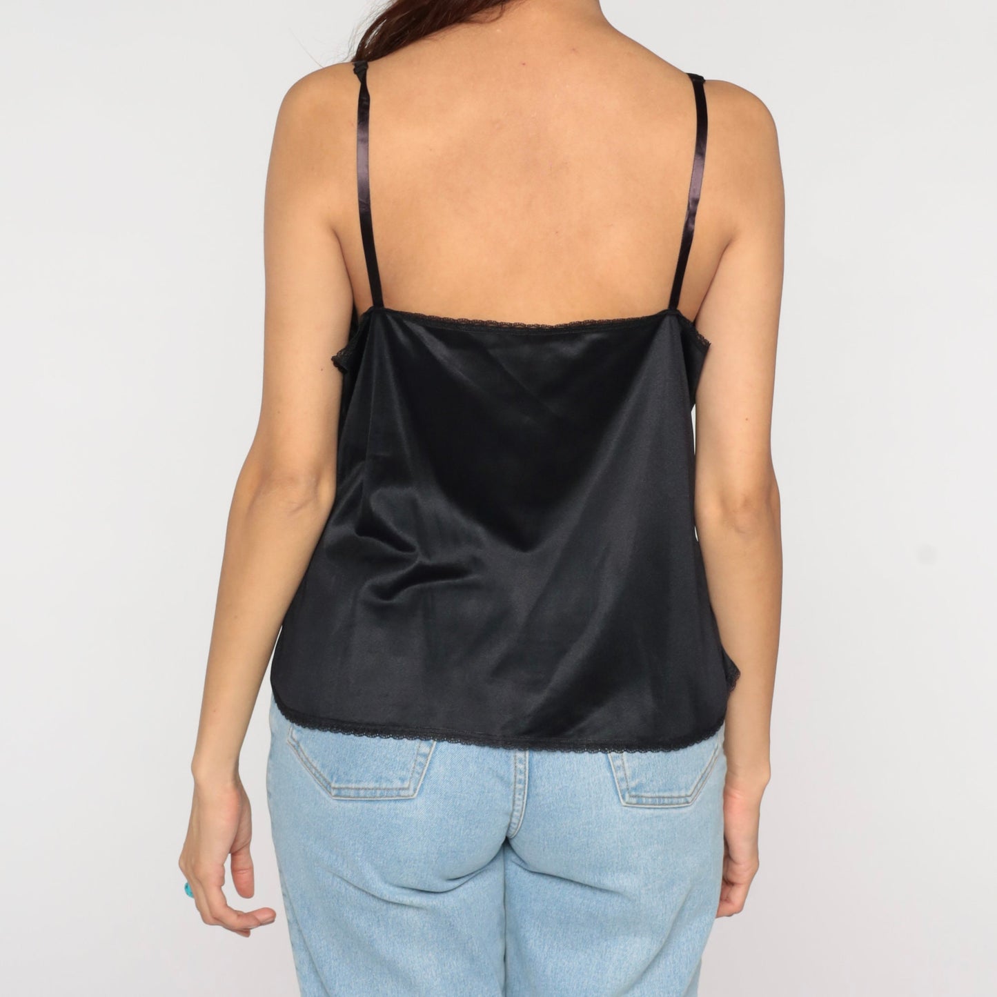 80s Black Nylon Camisole Spaghetti Strap Tank Top V-Neck Large