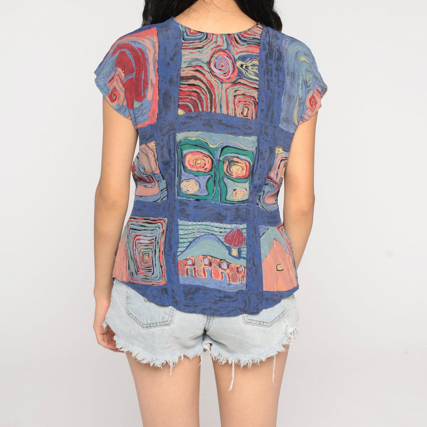 90s Abstract Swirl Print Button-Up Blouse Cap Sleeve Rayon Small S