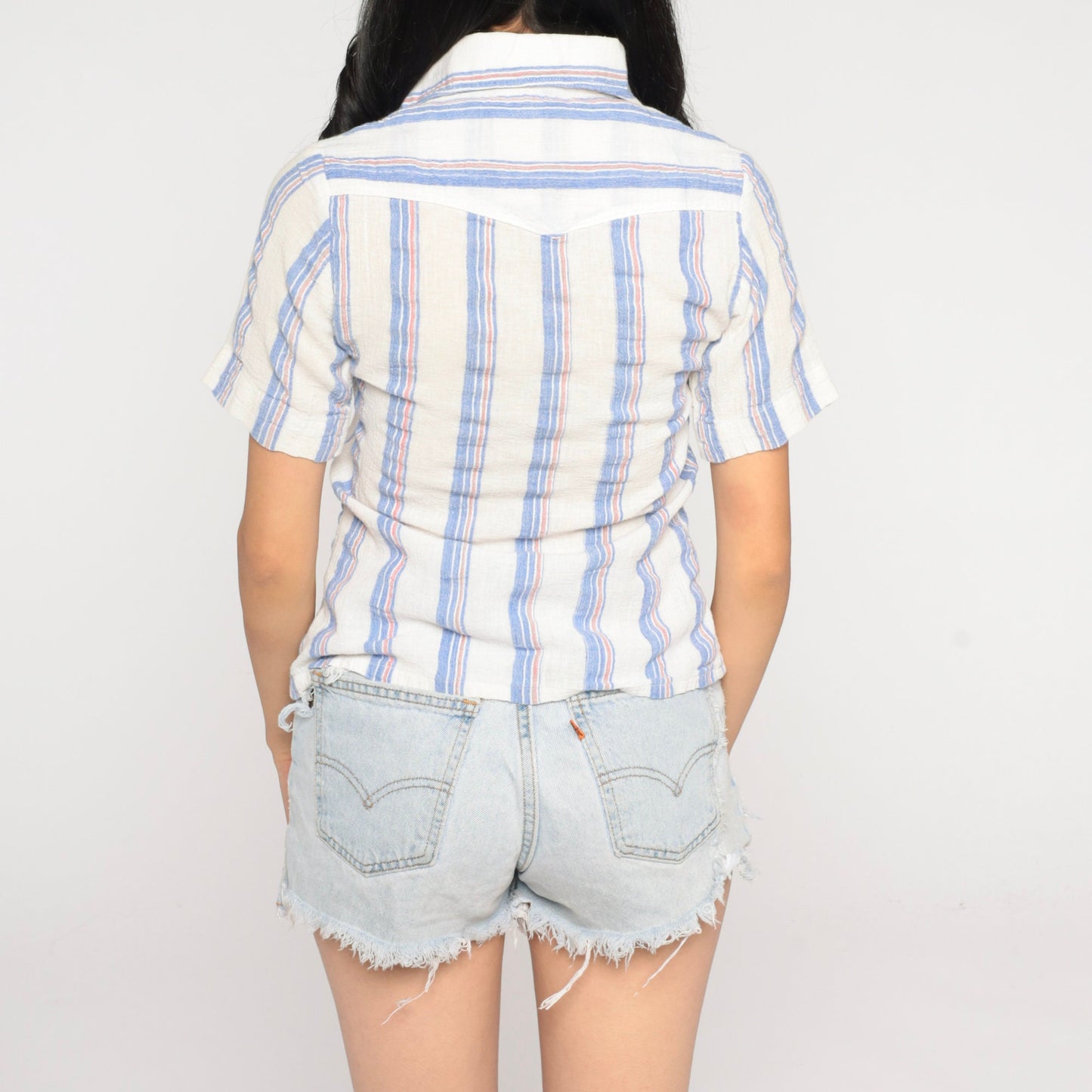 90s Striped Cotton Gauze Button Up Blouse Blue White Short Sleeve Extra Small