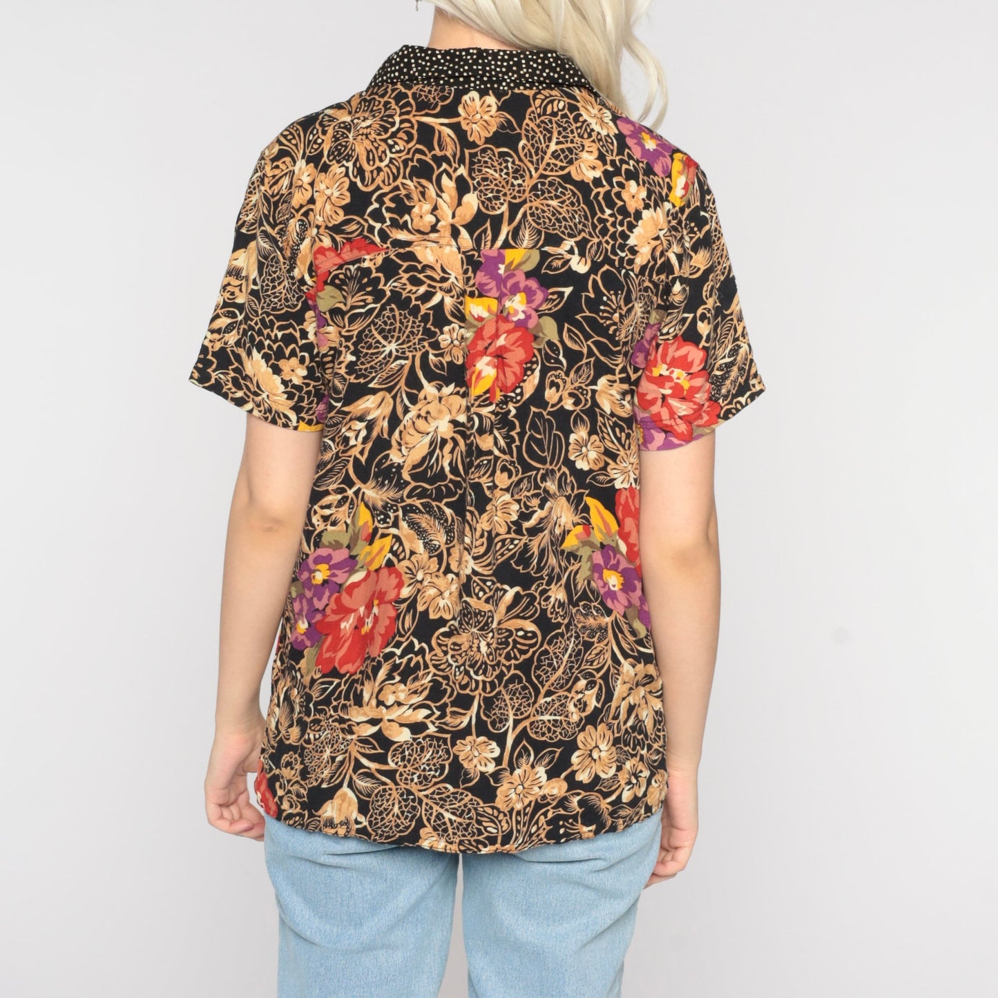 90s Floral Leaf Polka Dot Button-Up Blouse Black Short Sleeve Small