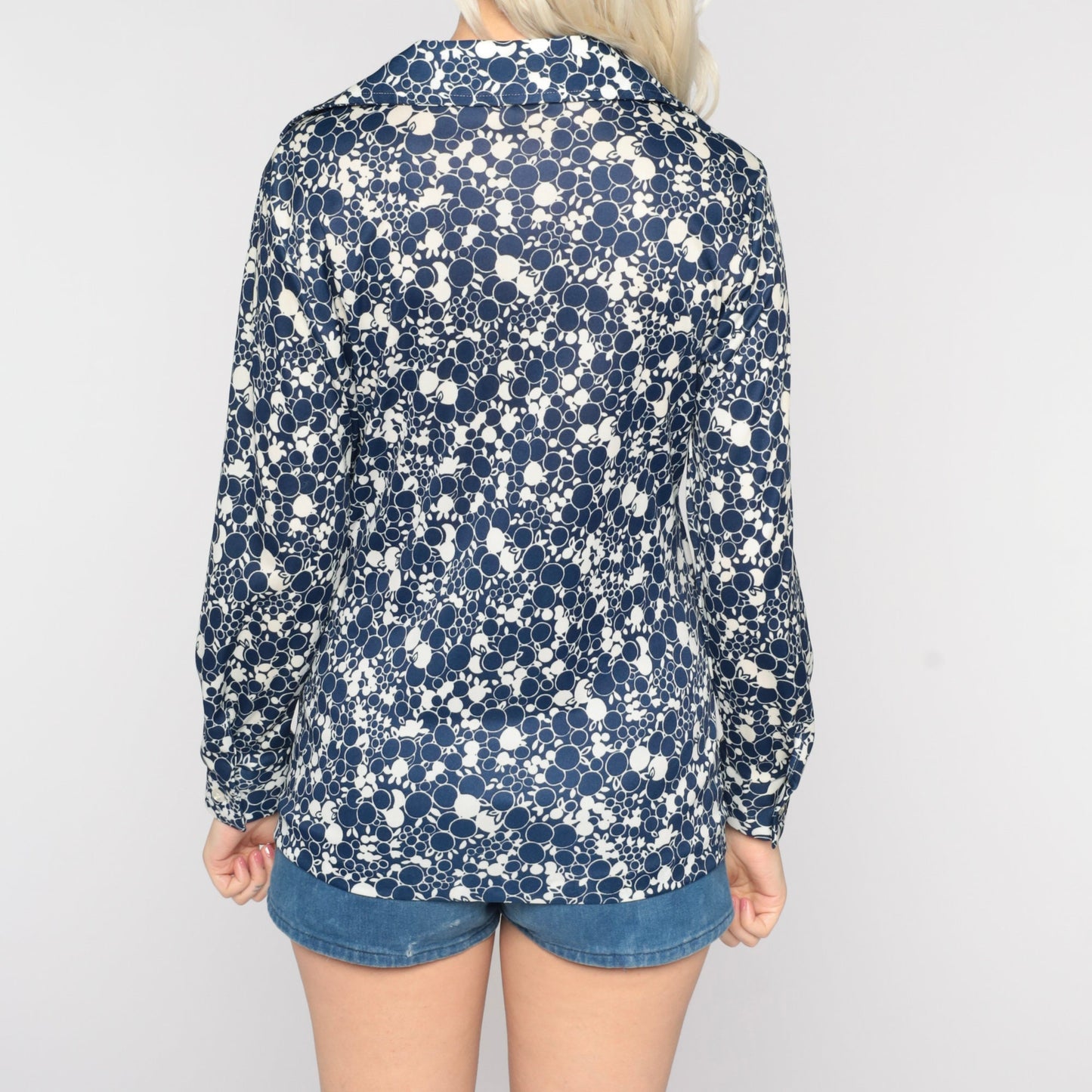 70s Blue Abstract Fruit Dot Print Button-Up Shirt Pointed Collar Long Sleeve Medium