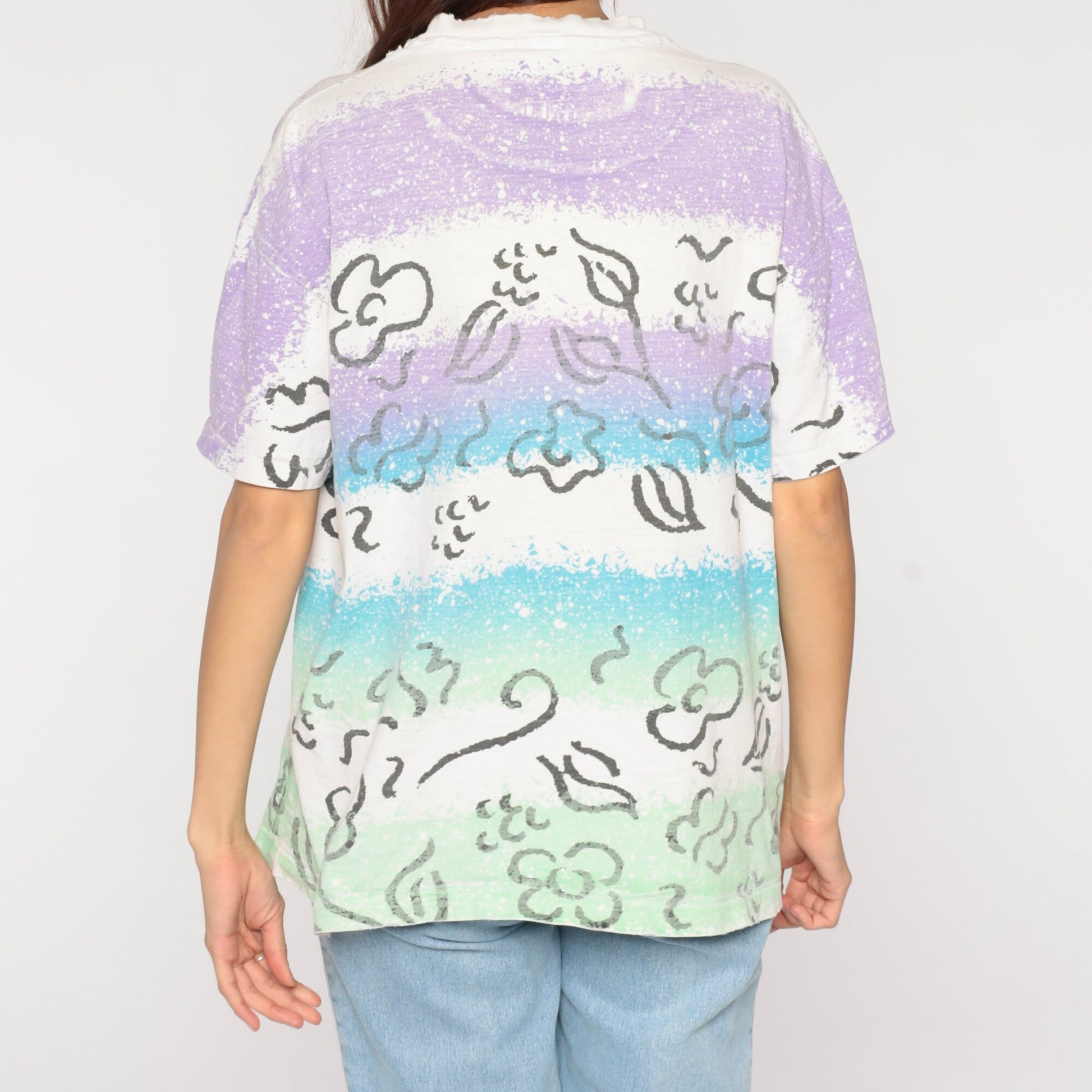 90s Anvil Floral T-Shirt Bleach Splatter Striped Cotton White Extra Large XL