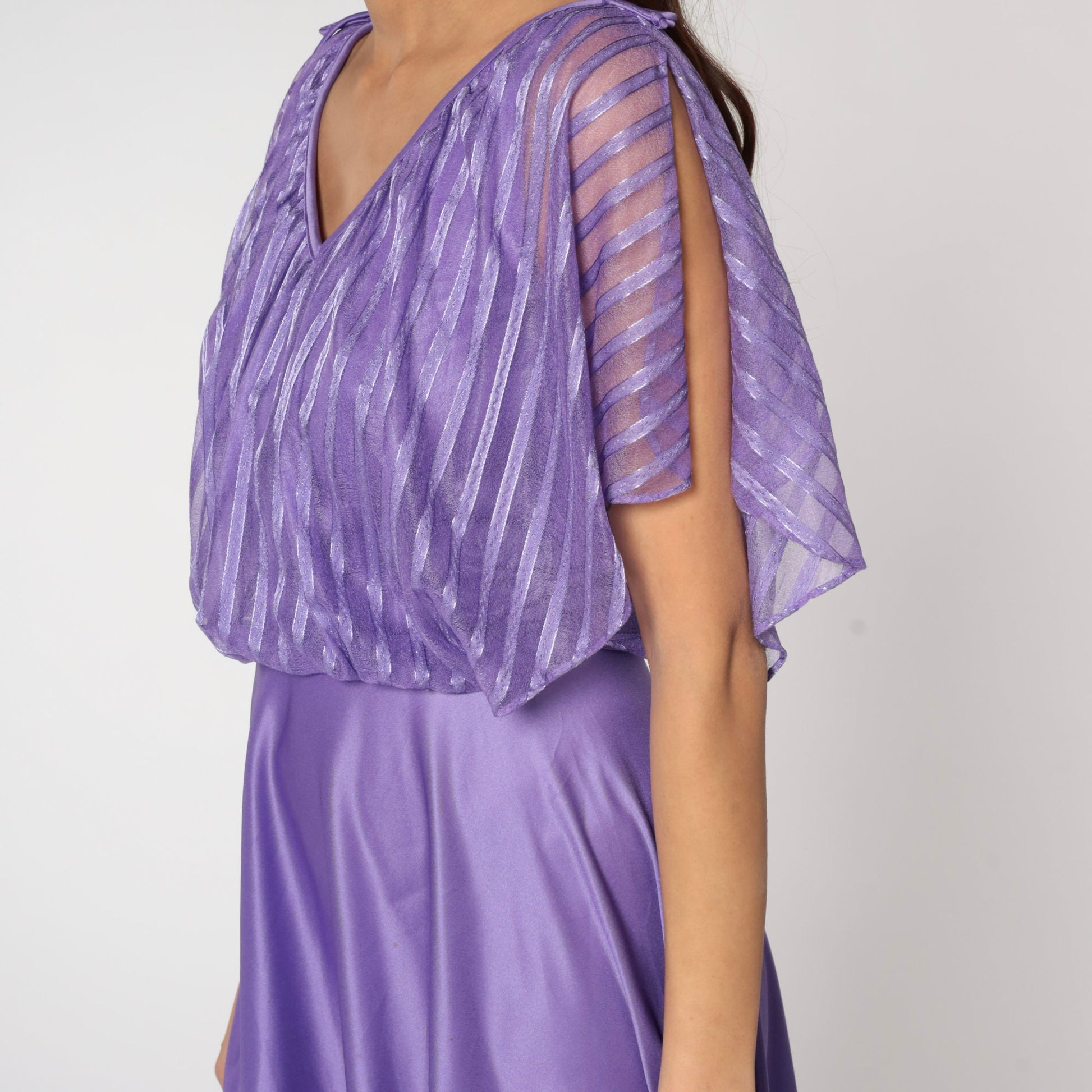 70s Purple Grecian Midi Dress Flutter Sleeve High Waist Small