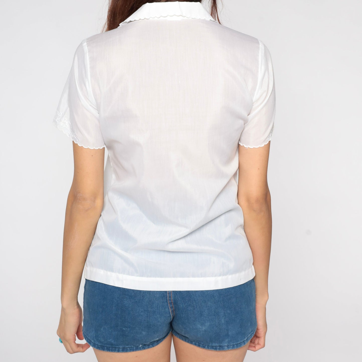 80s White Embroidered Floral Eyelet Button-Up Blouse Short Sleeve Small