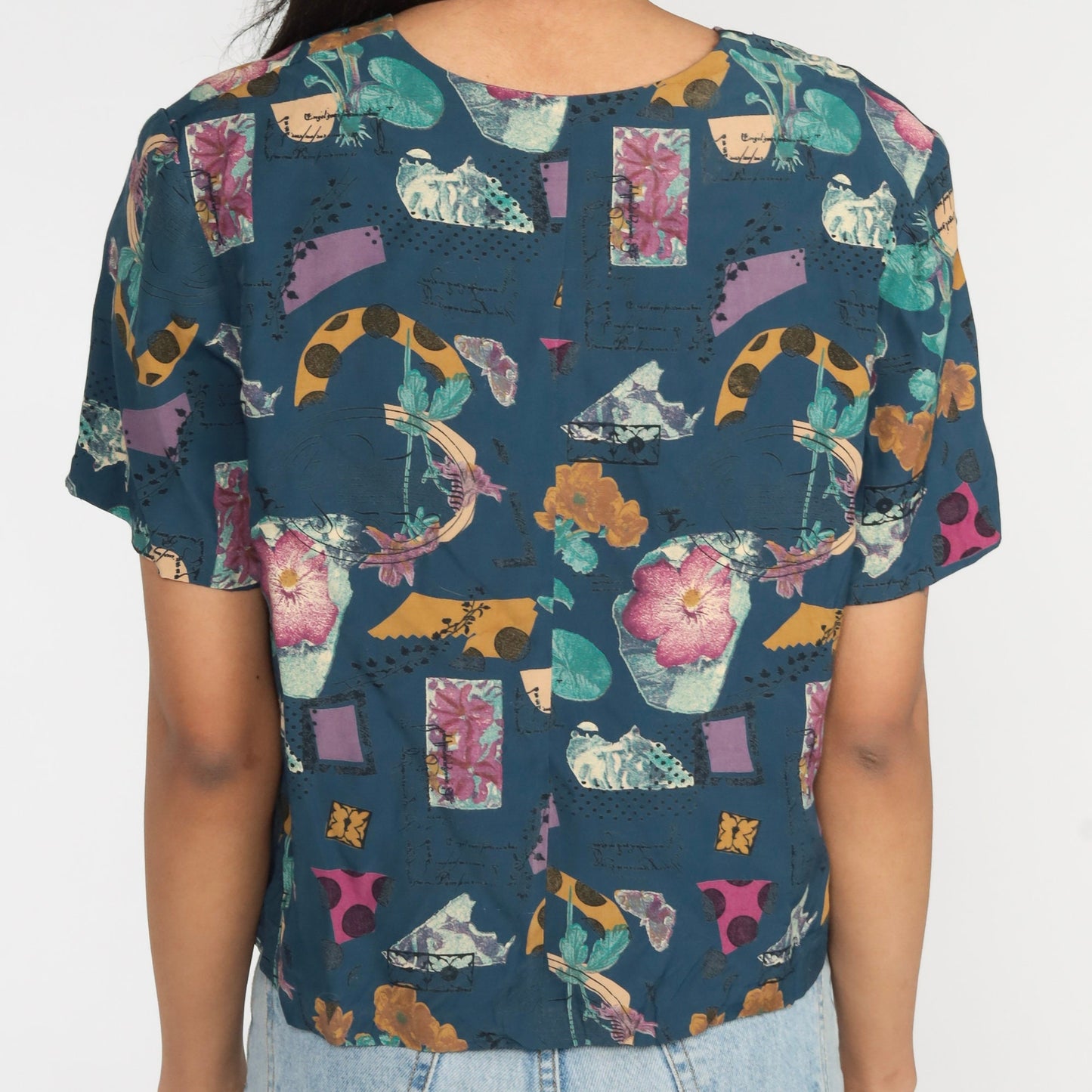 90s Blue Abstract Floral Button Up Blouse Short Sleeve Botanical Print Medium M