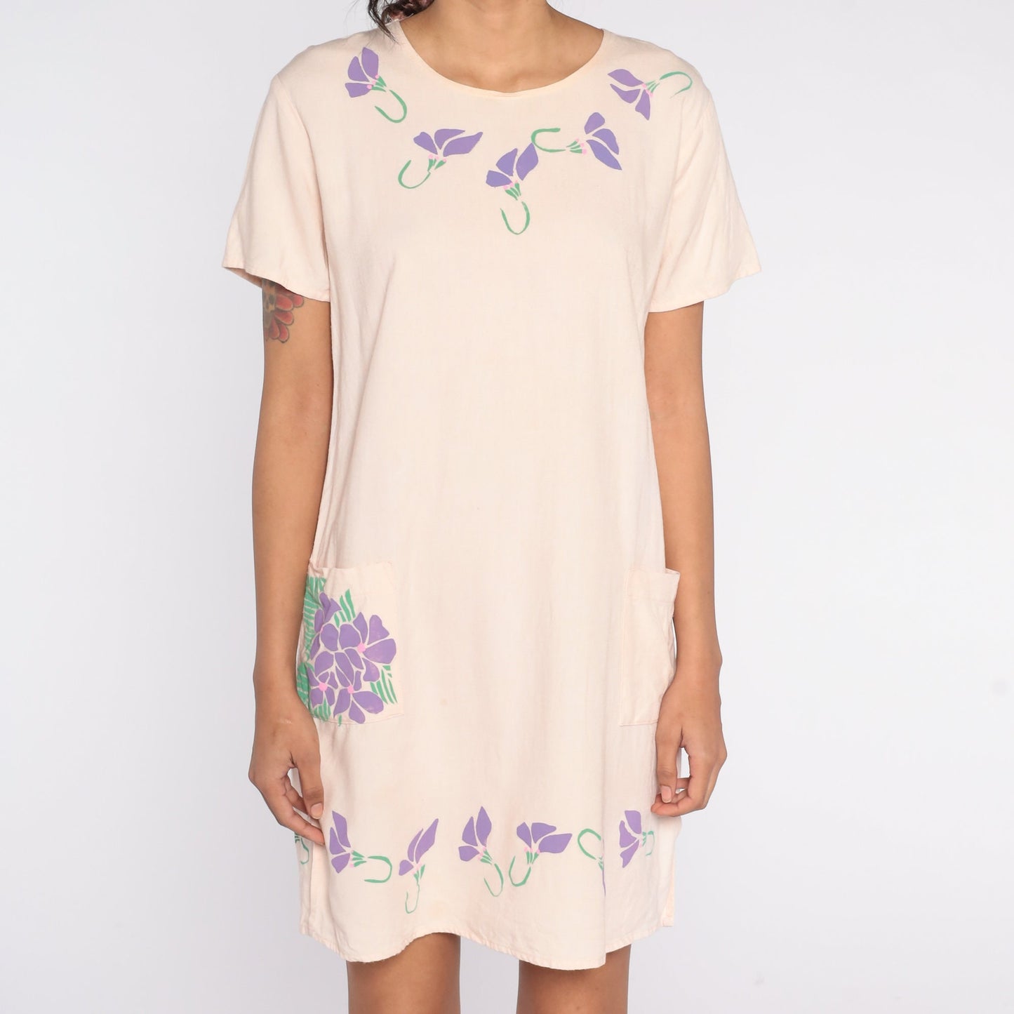 90s Floral Linen T-Shirt Dress Beige Pocket Mini Small