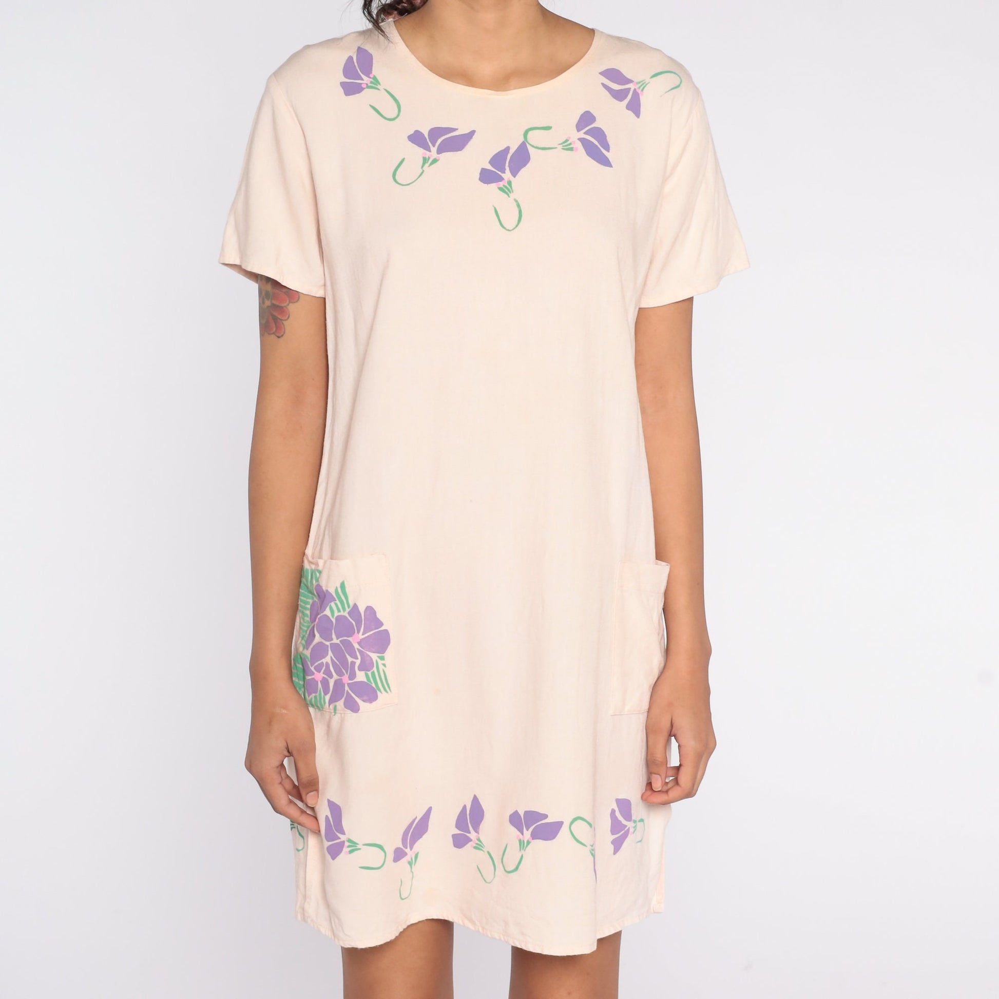 90s Floral Linen T-Shirt Dress Beige Pocket Mini Small