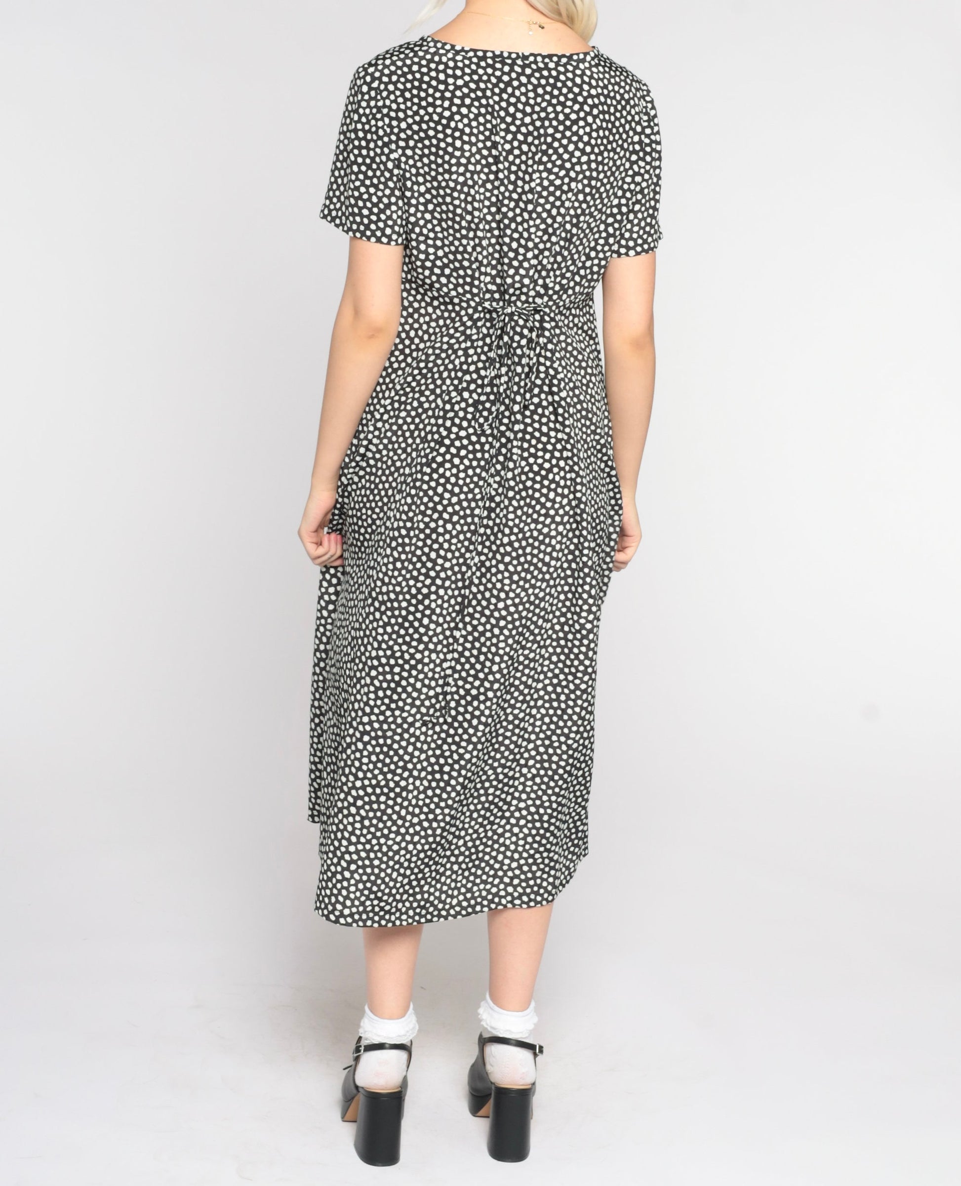 90s Black & White Polka Dot Midi Dress Short Sleeve Tie Back Small Medium