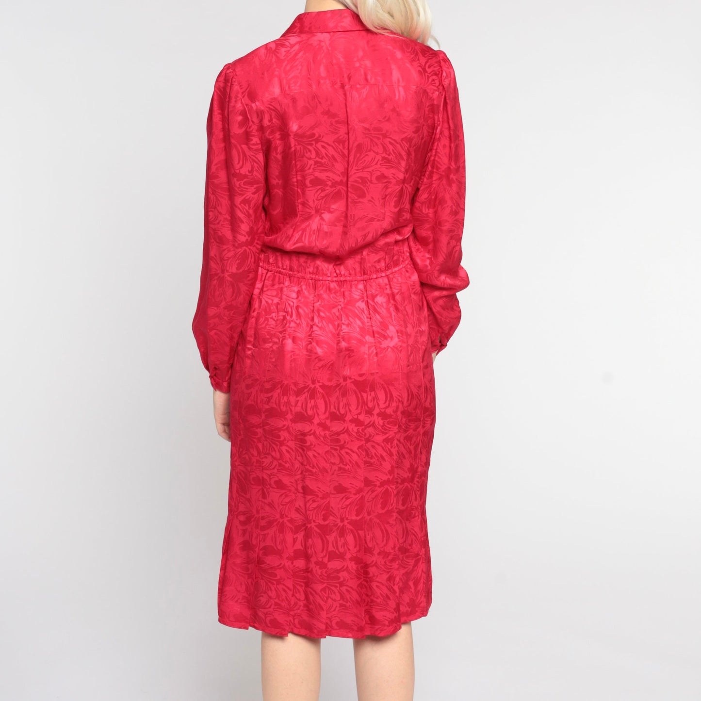 80s Red Silk Floral Midi Shirtdress Pleated Puff Sleeve Button-Up Extra Small XS