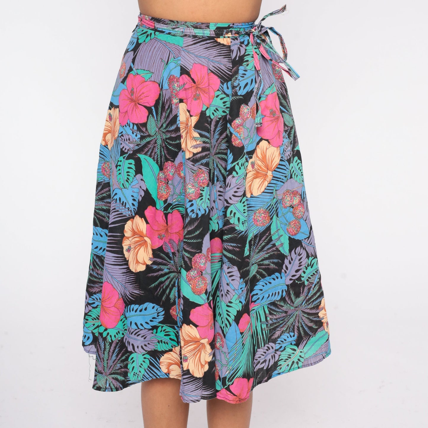 80s Black Tropical Floral Midi Skirt High Waisted Hawaiian Print Extra Small