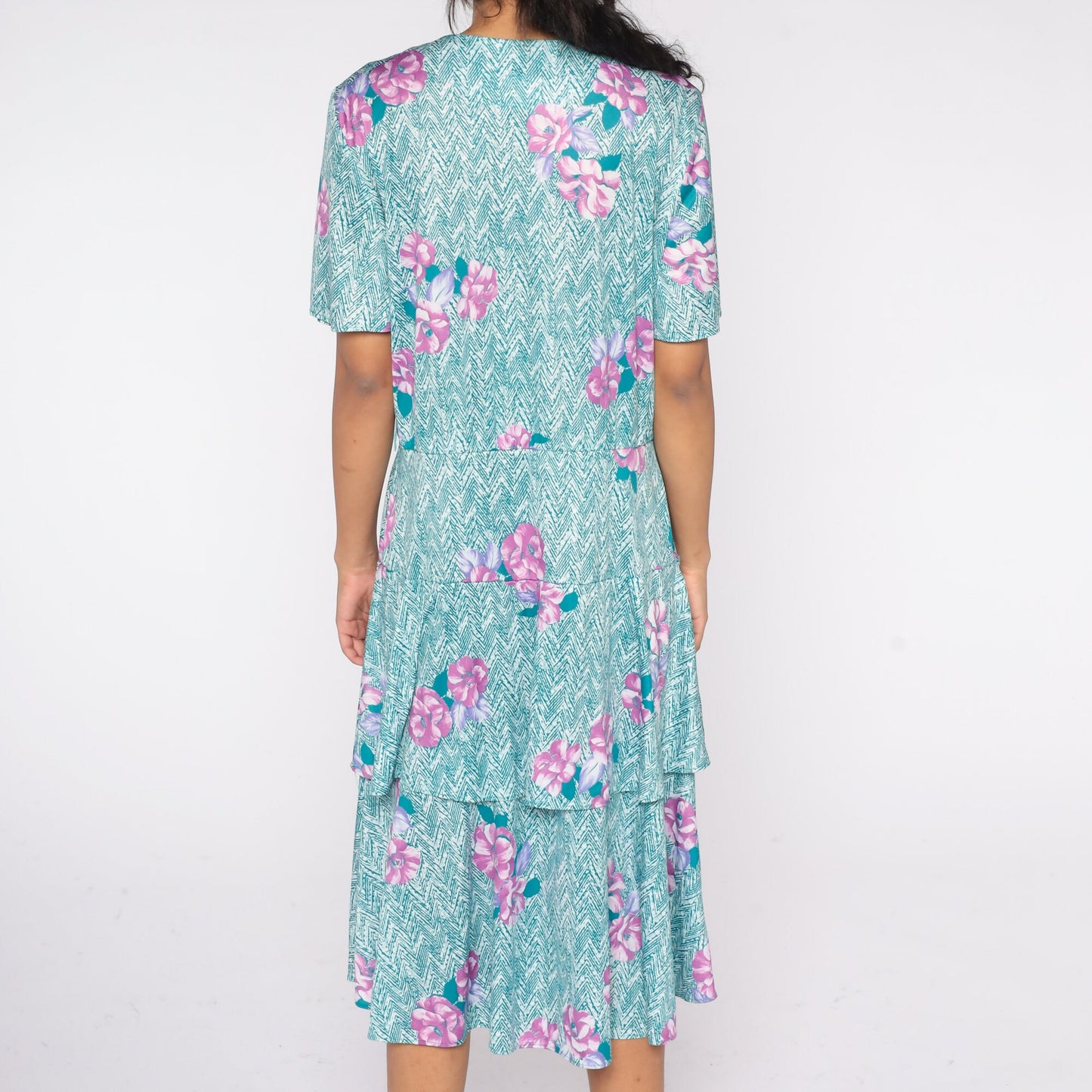 70s Floral Chevron Striped Midi Dress Button-Up Tiered Teal Purple Plus Size XXL
