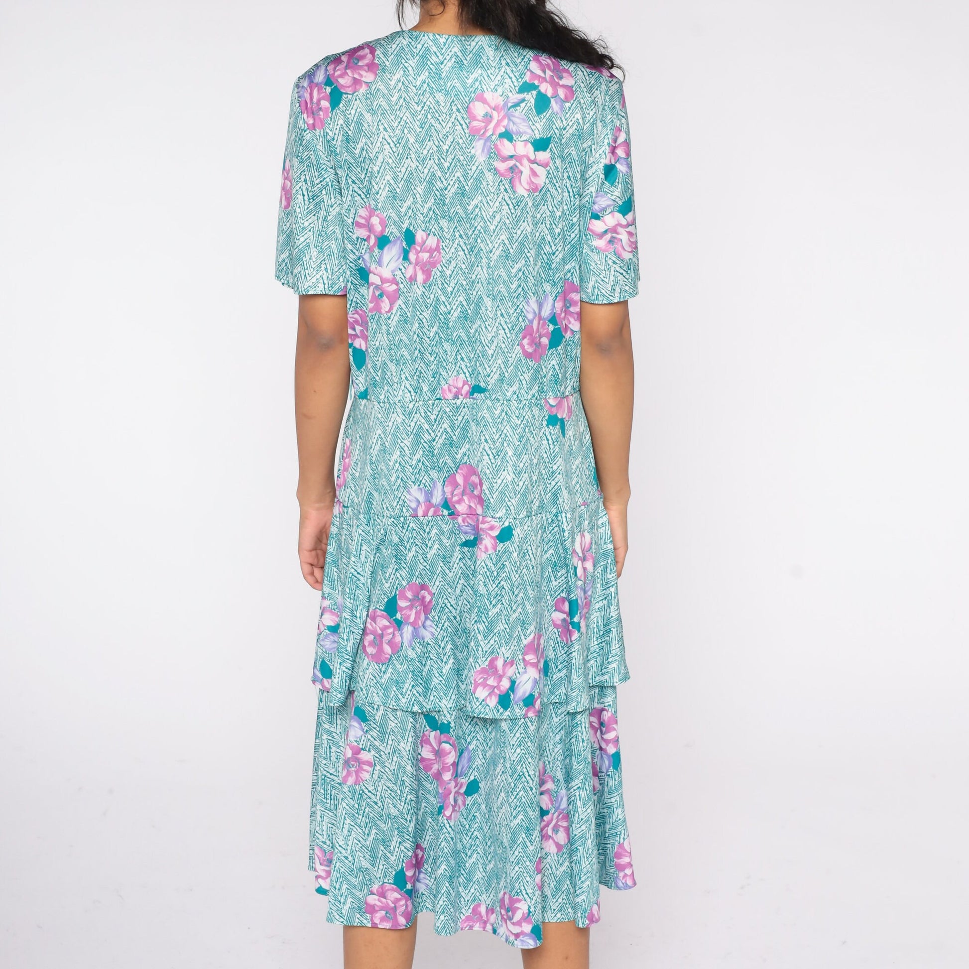 70s Floral Chevron Striped Midi Dress Button-Up Tiered Teal Purple Plus Size XXL