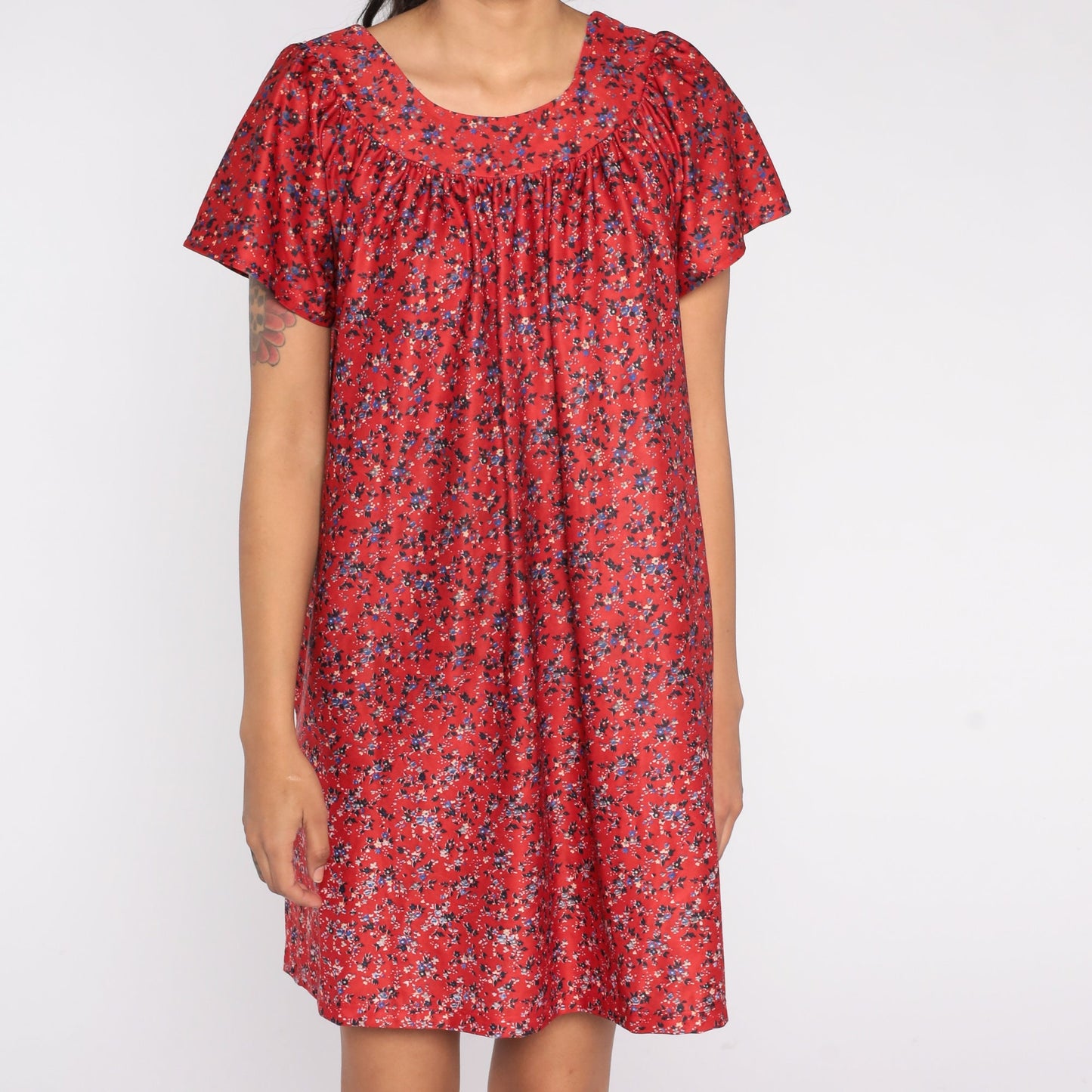 80s Red Floral Mini Shift Dress Short Sleeve Tent Cut Medium Large