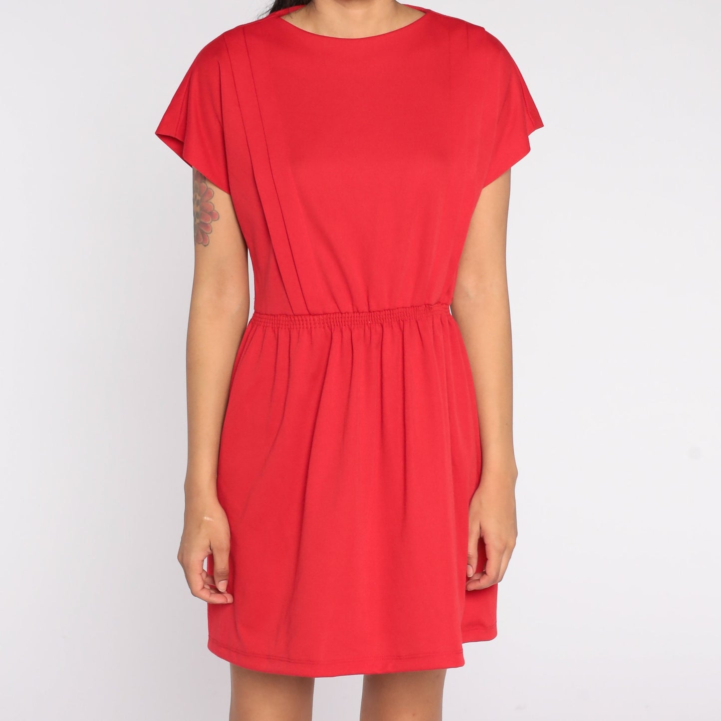 80s Red Shift Dress Mini High Waist Short Sleeve Zipper Back Medium