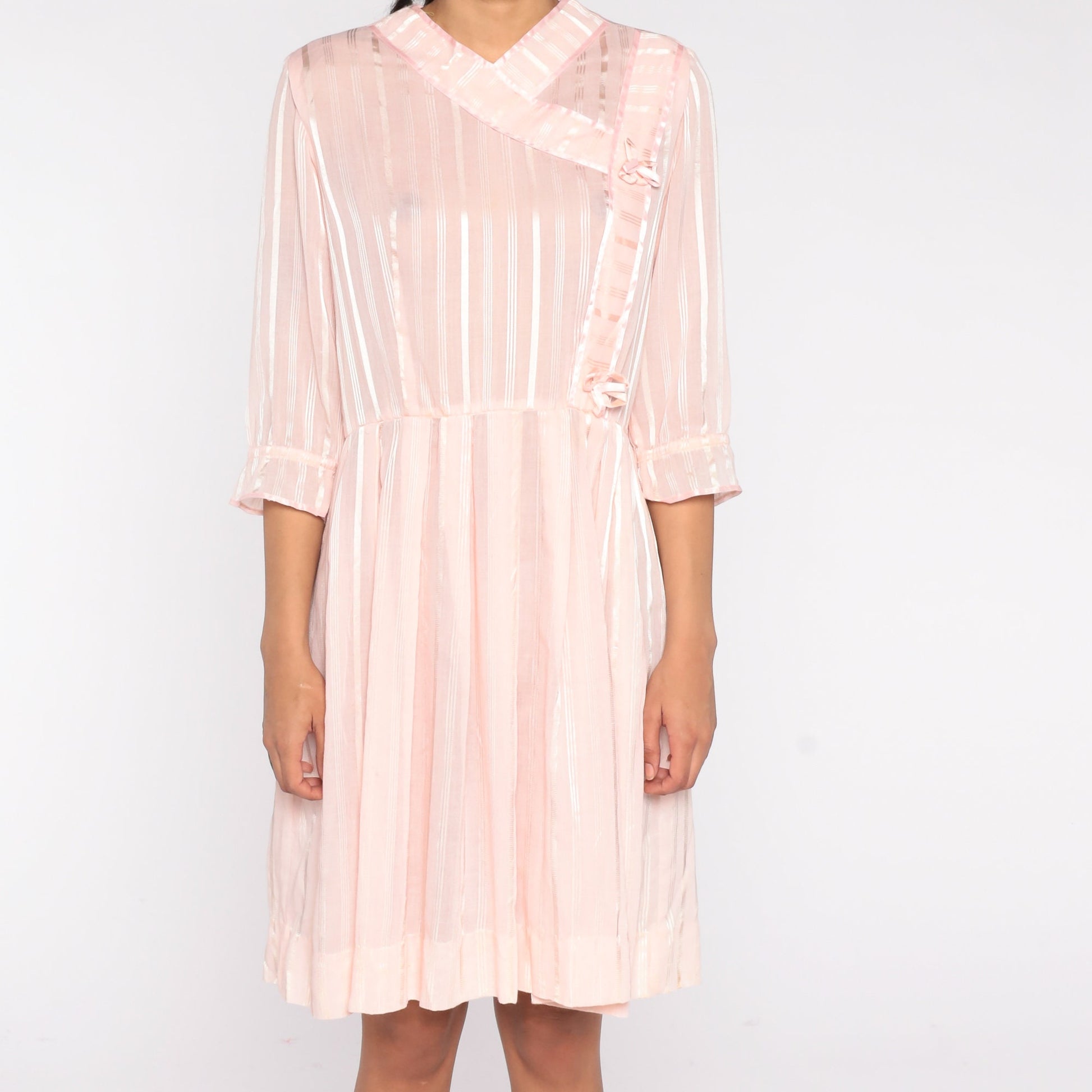 70s Baby Pink Striped Mini Dress High Waist Pleated Rosette Detail Medium Large