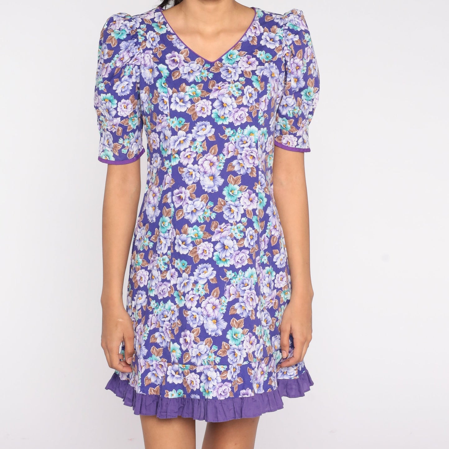 80s Purple Floral Mini Dress Puff Sleeve Shift Cotton Size 7