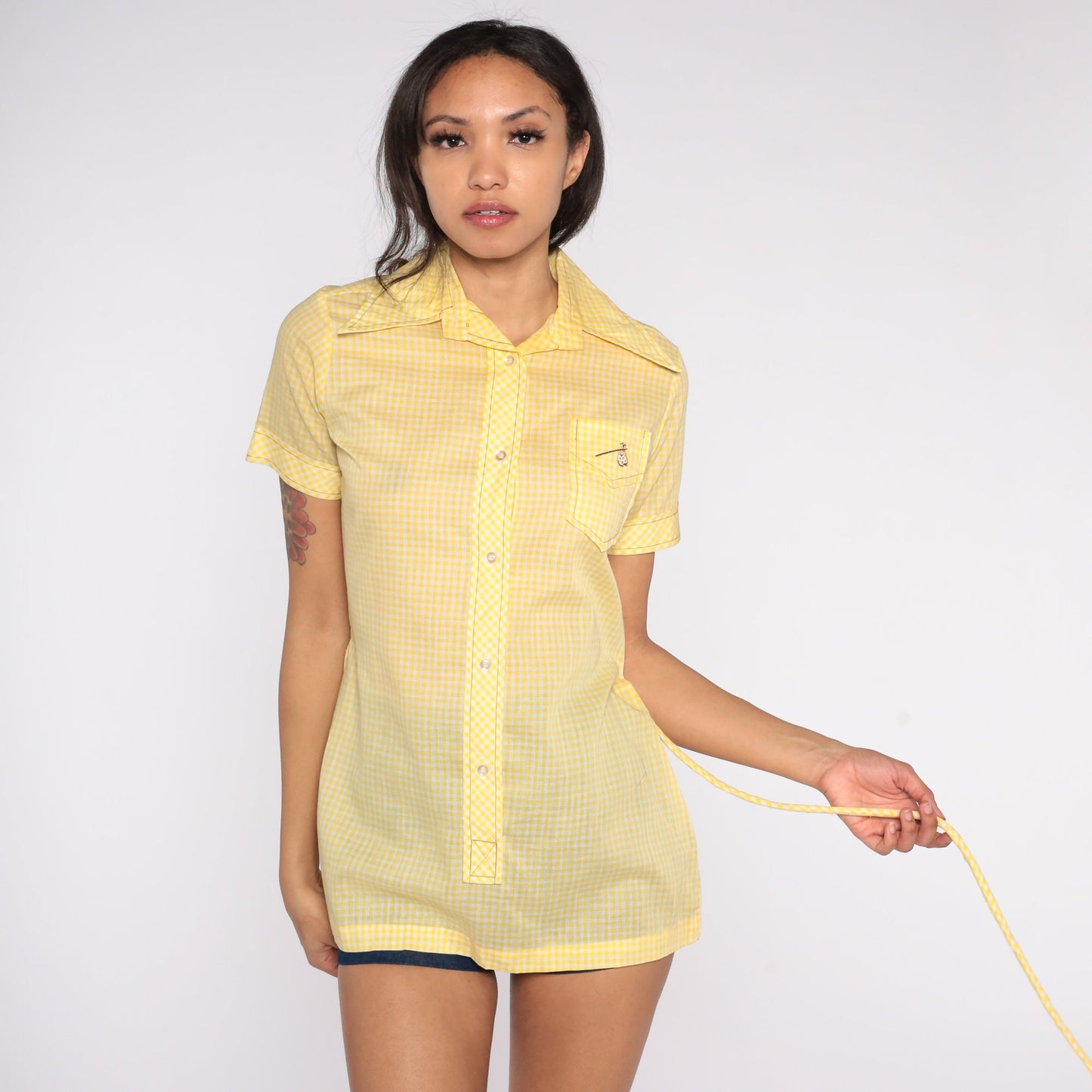 70s Yellow Gingham Embroidered Hobo Bindle Button-Up Shirt Small